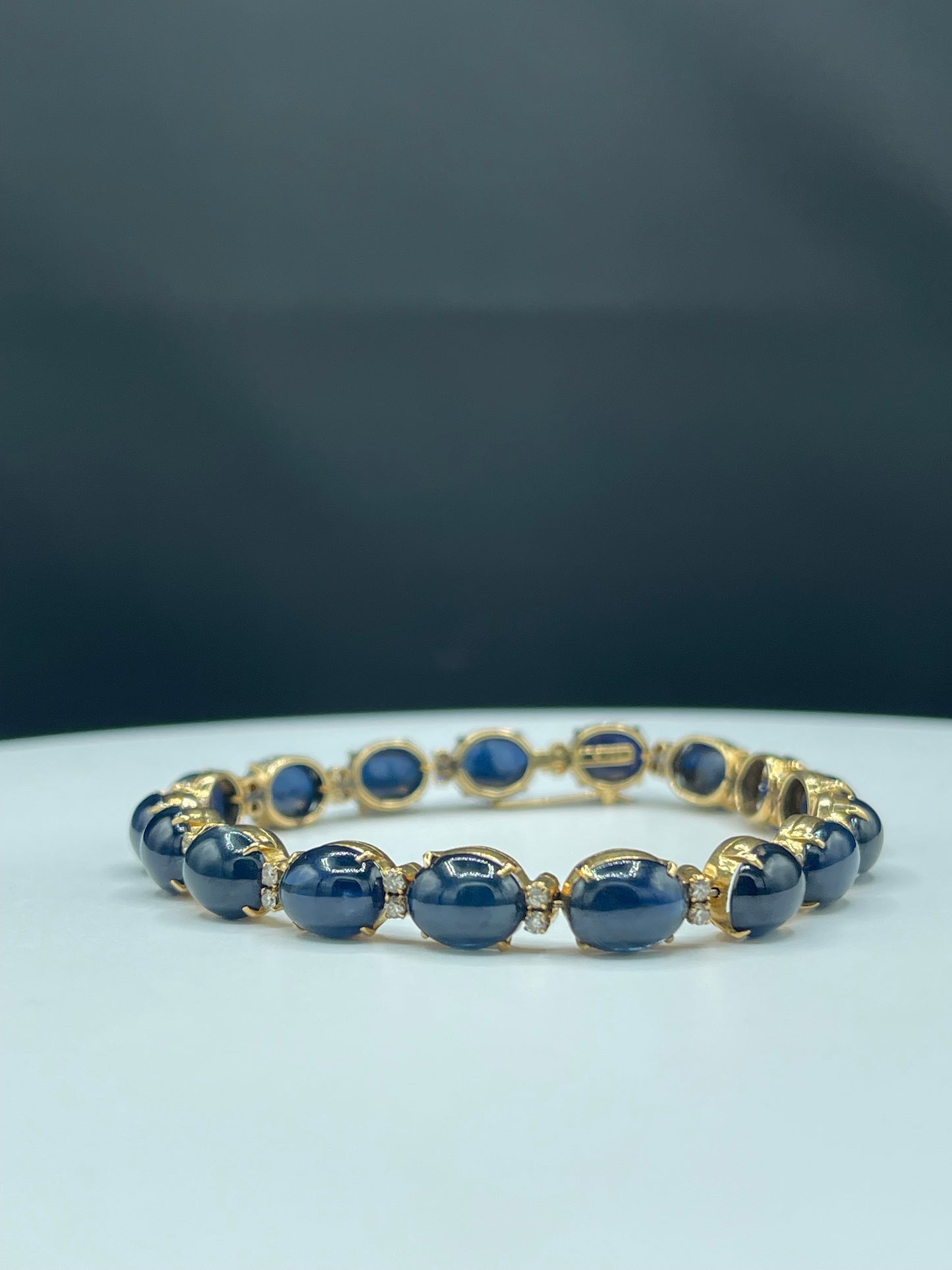 52.30 Carat Natural Blue Sapphire & Diamond 18k Yellow Gold Bracelet - 7.25 Inch