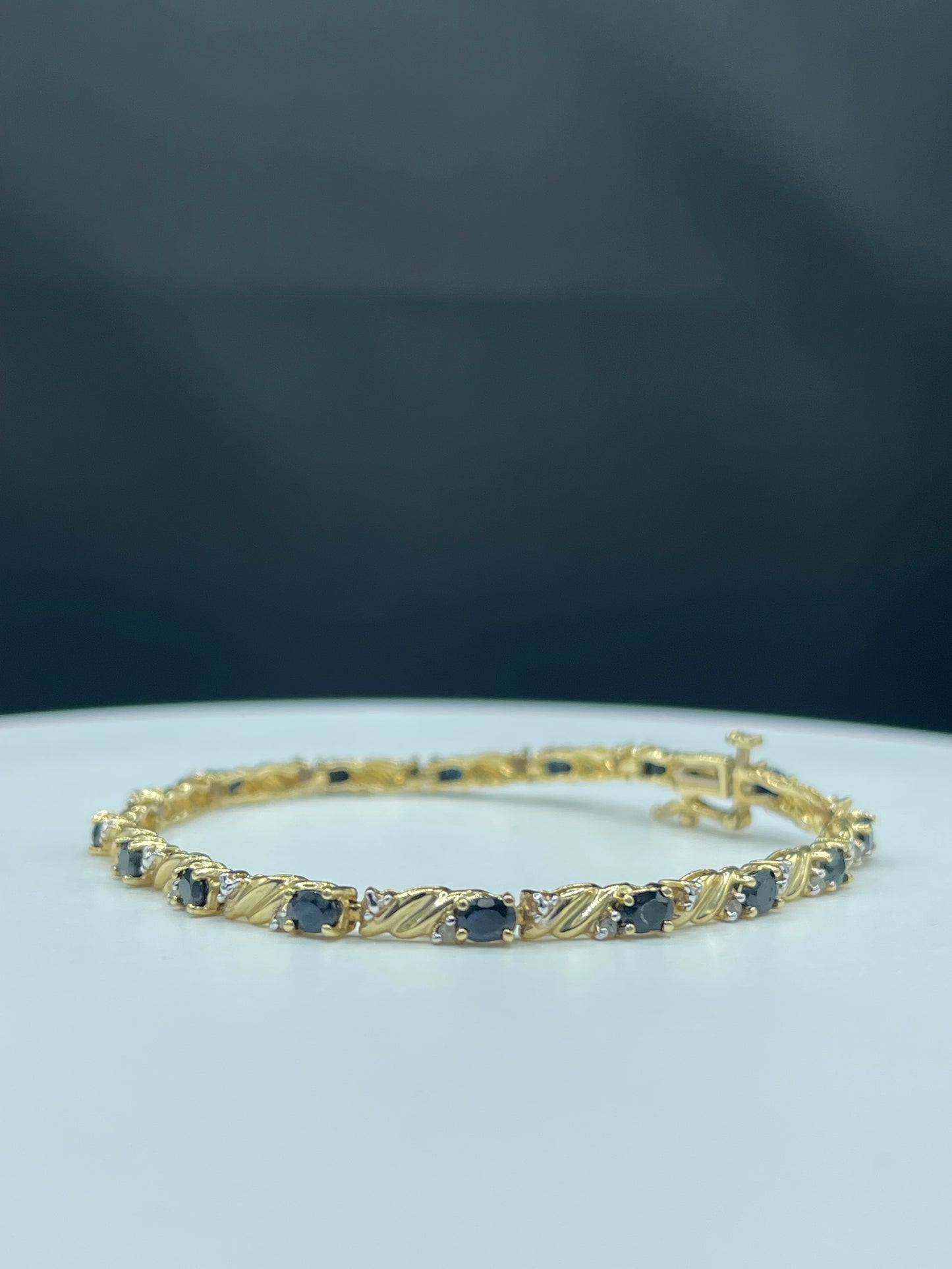 Natural Sapphire & Diamond 14k Yellow Gold Tennis Bracelet