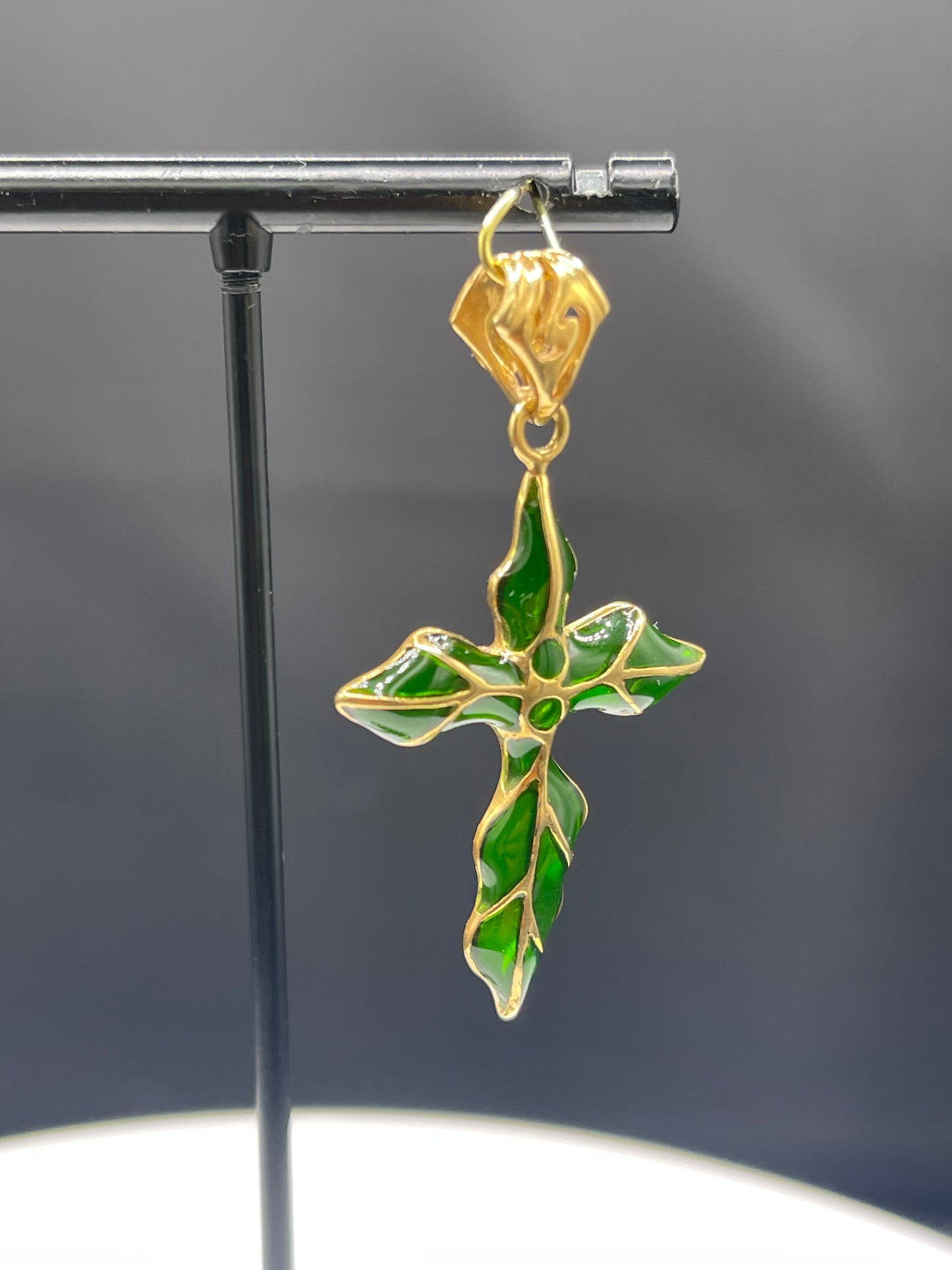 Handmade Solid 18k Yellow Gold Green Enamel Cross Pendant