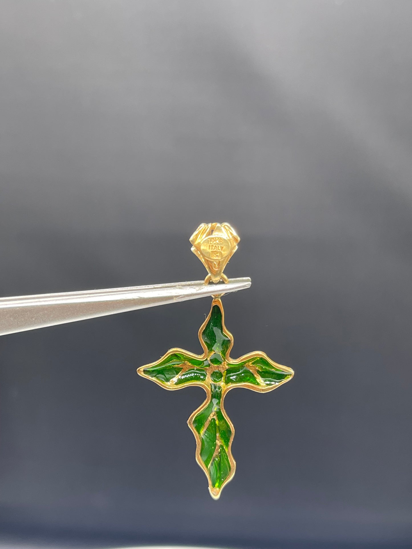 Handmade Solid 18k Yellow Gold Green Enamel Cross Pendant