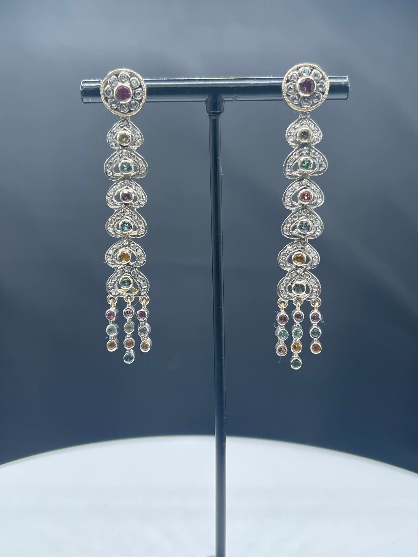 Antique Victorian Multi-Color Sapphire & Diamond Dangle Earrings 18k Yellow Gold + Sterling Silver