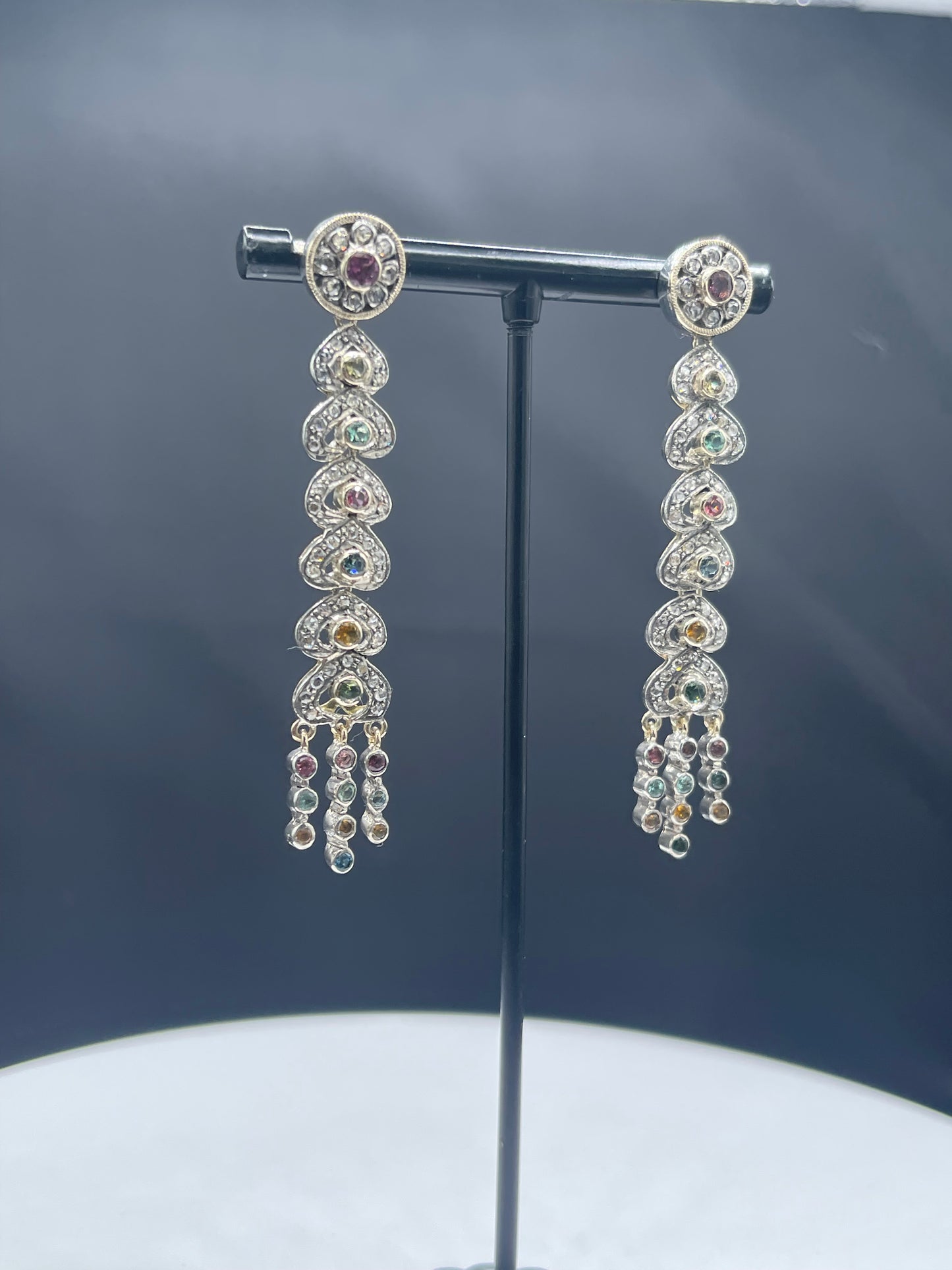 Antique Victorian Multi-Color Sapphire & Diamond Dangle Earrings 18k Yellow Gold + Sterling Silver