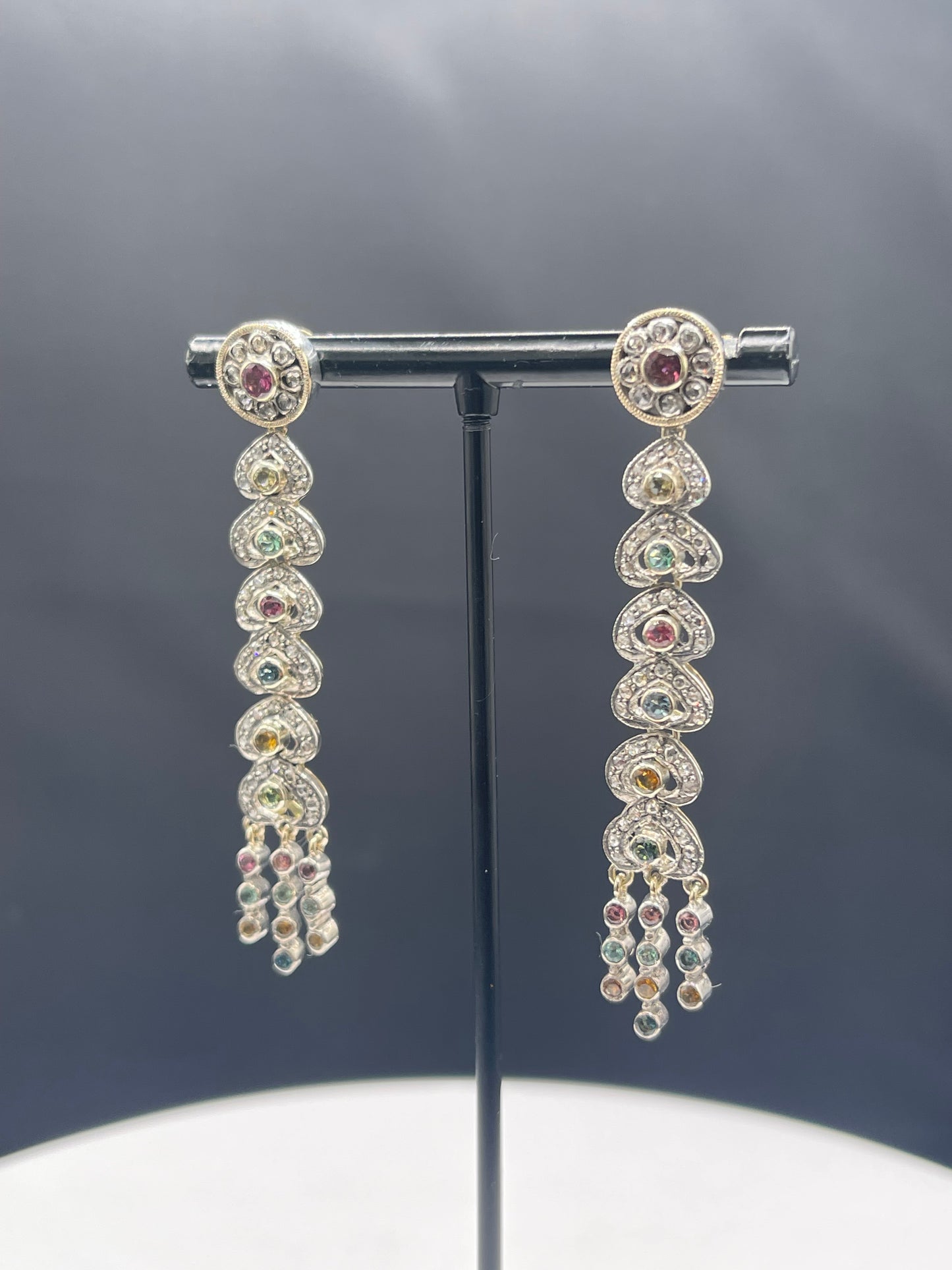 Antique Victorian Multi-Color Sapphire & Diamond Dangle Earrings 18k Yellow Gold + Sterling Silver