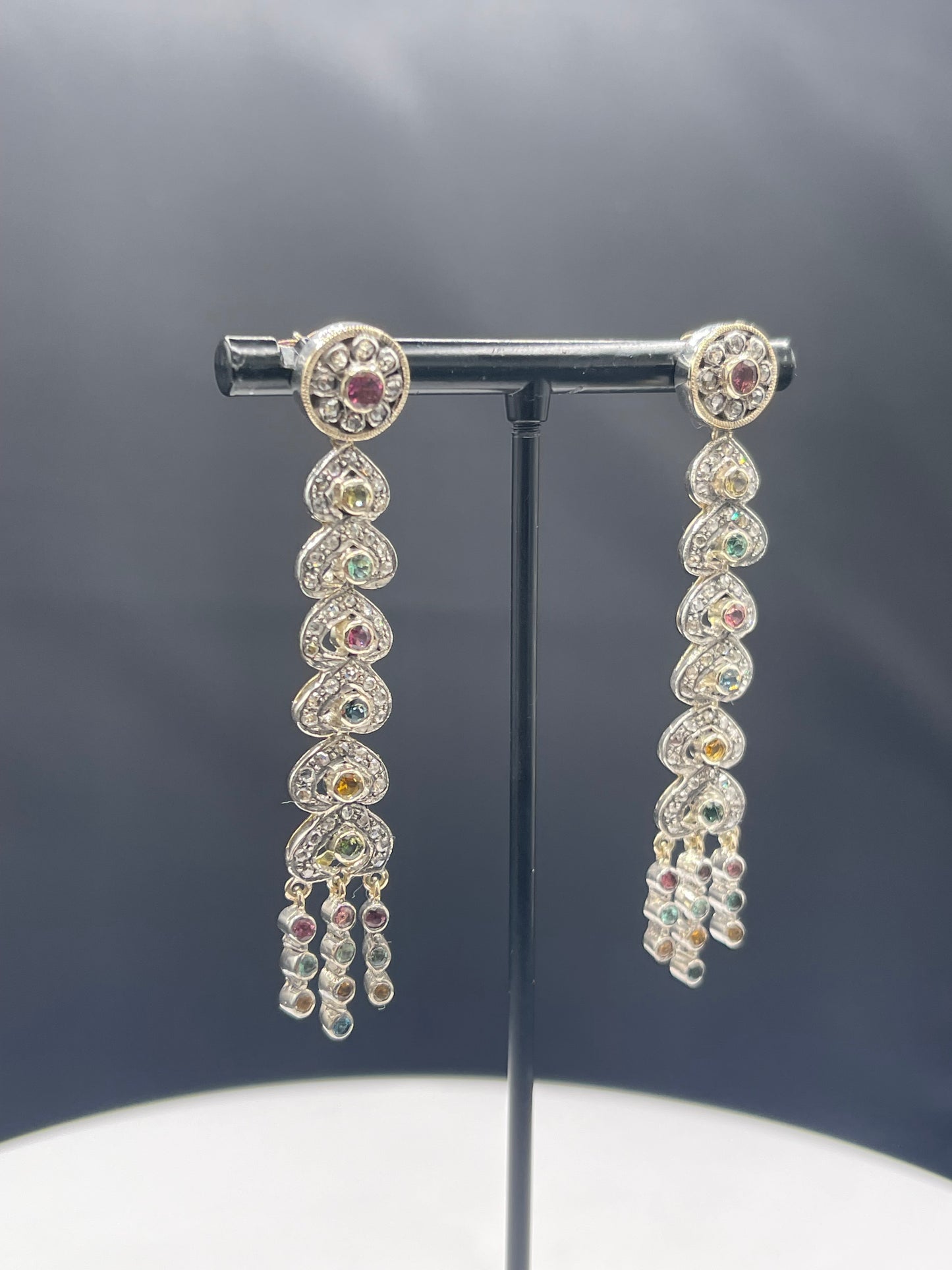 Antique Victorian Multi-Color Sapphire & Diamond Dangle Earrings 18k Yellow Gold + Sterling Silver