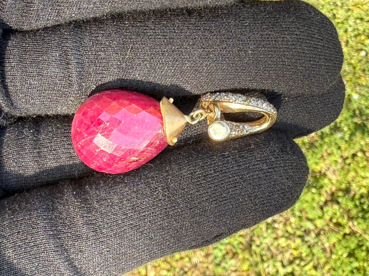 Natural 82 Carat Ruby Briolette & Diamond 14k Gold Pendant