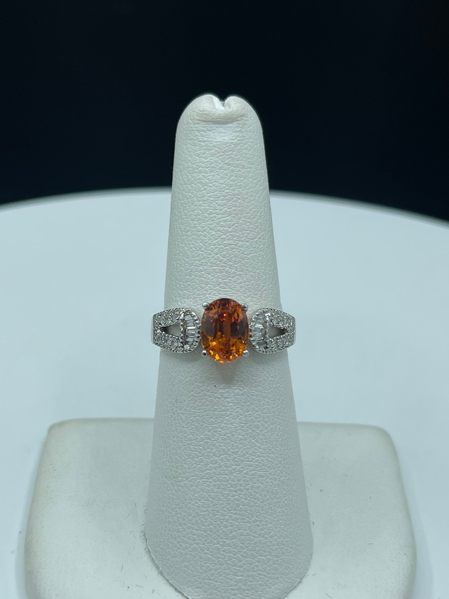 Natural Fanta Orange Spessartite Garnet & Diamond 18k White Gold Engagement Ring (Size 6.25)