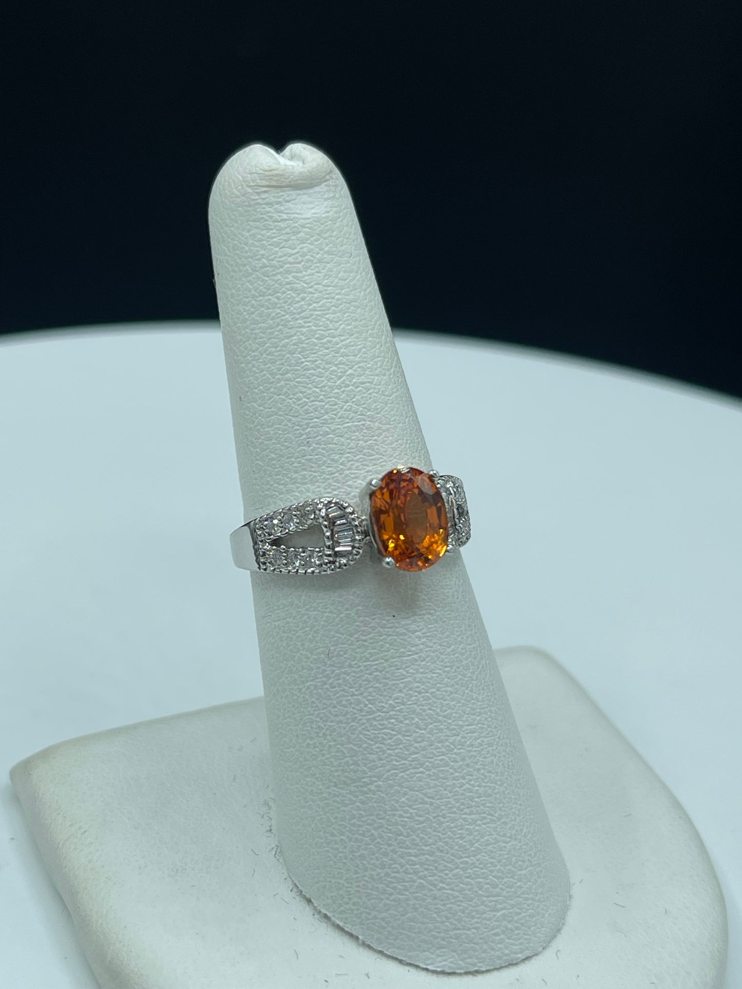 Natural Fanta Orange Spessartite Garnet & Diamond 18k White Gold Engagement Ring (Size 6.25)