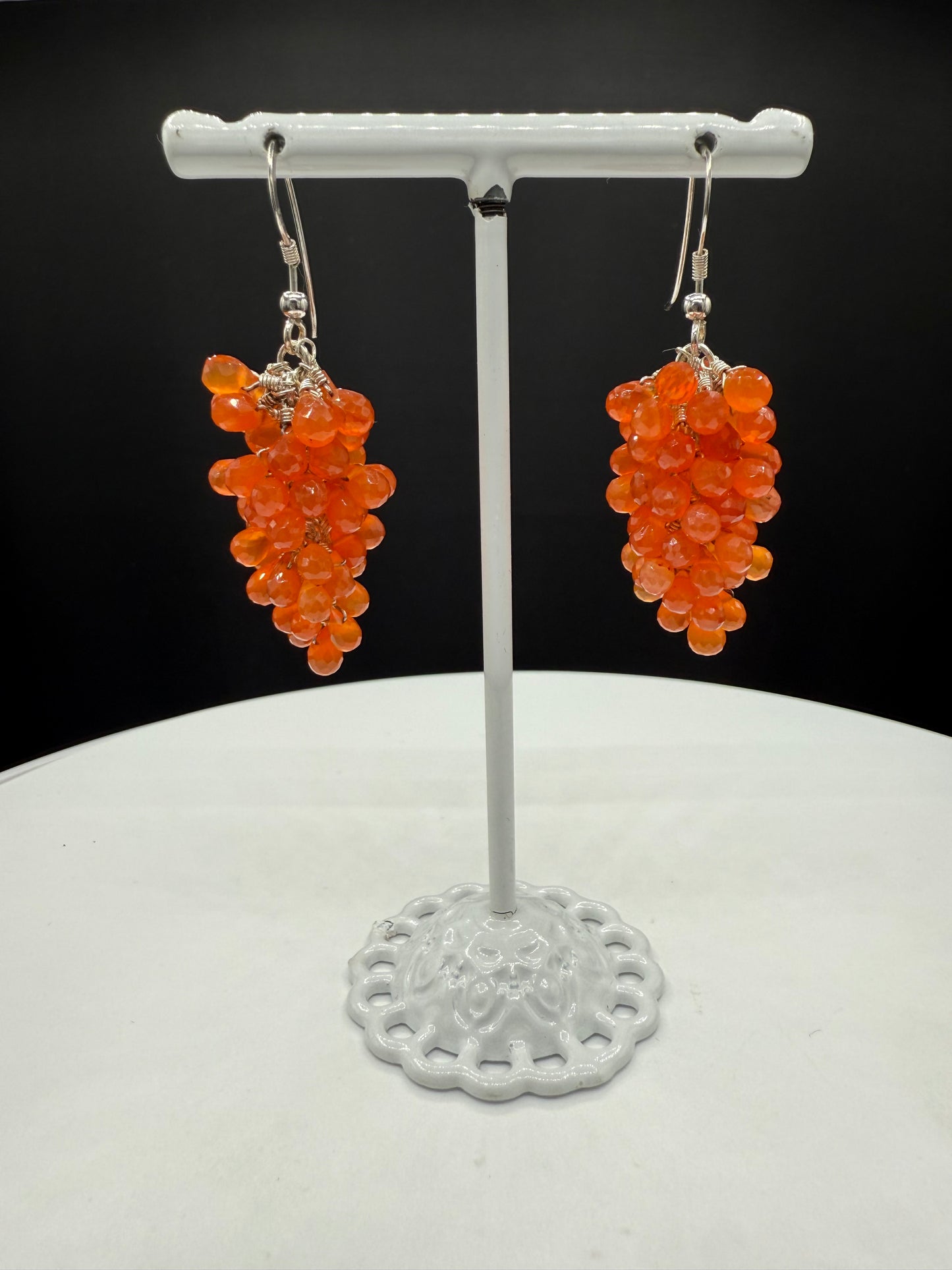 Natural Carnelian Briolette Sterling Silver Grape Cluster Dangle Earrings