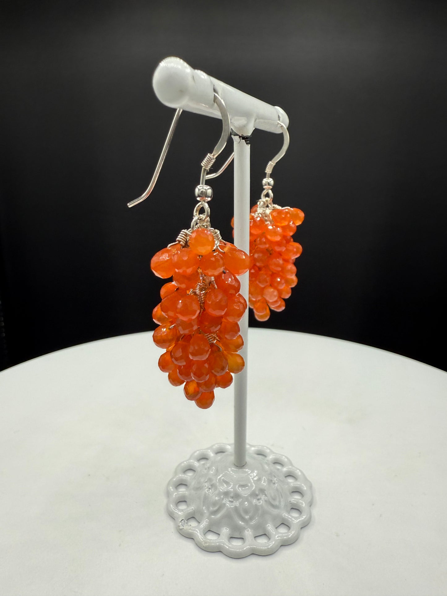 Natural Carnelian Briolette Sterling Silver Grape Cluster Dangle Earrings