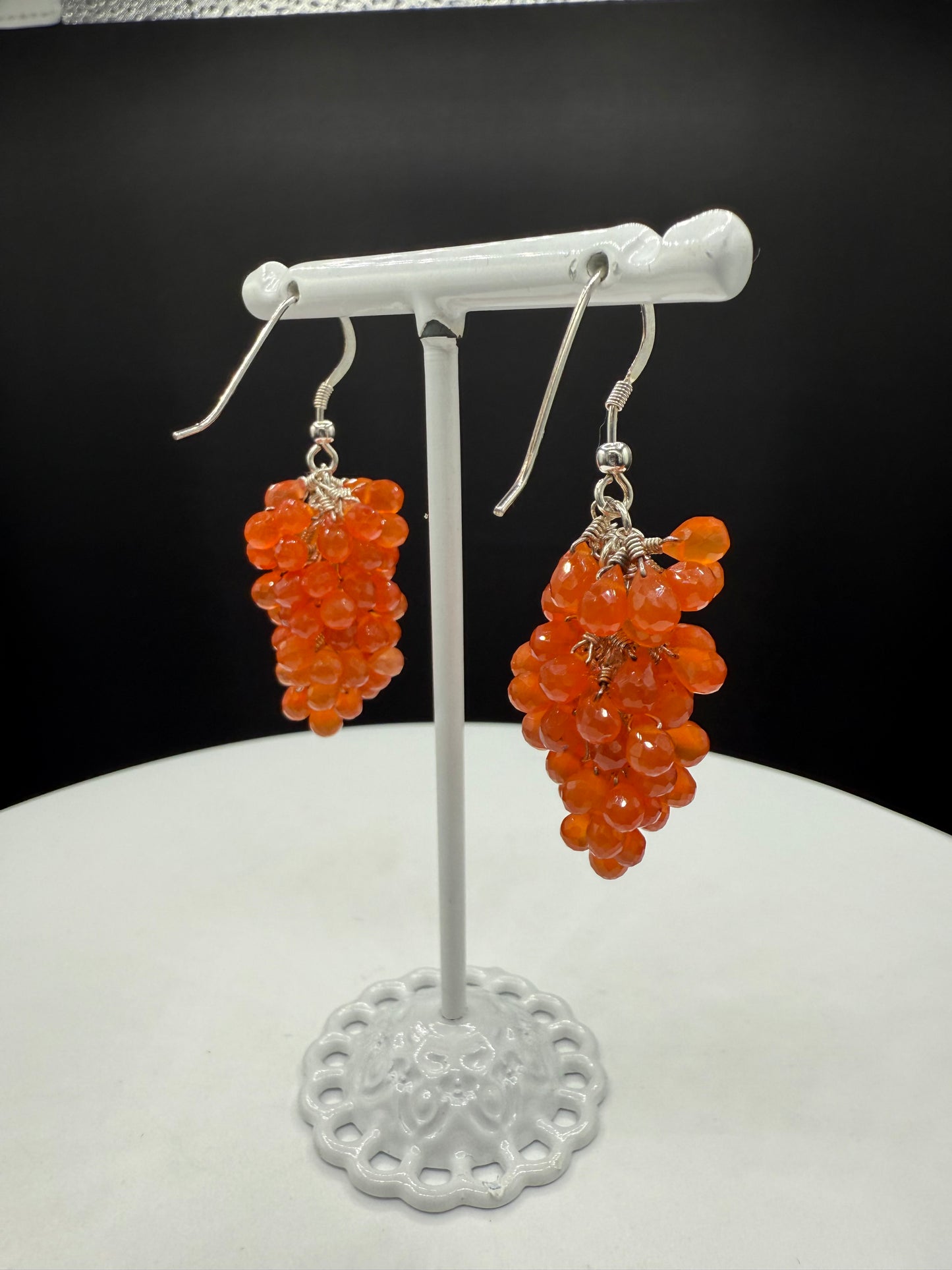 Natural Carnelian Briolette Sterling Silver Grape Cluster Dangle Earrings