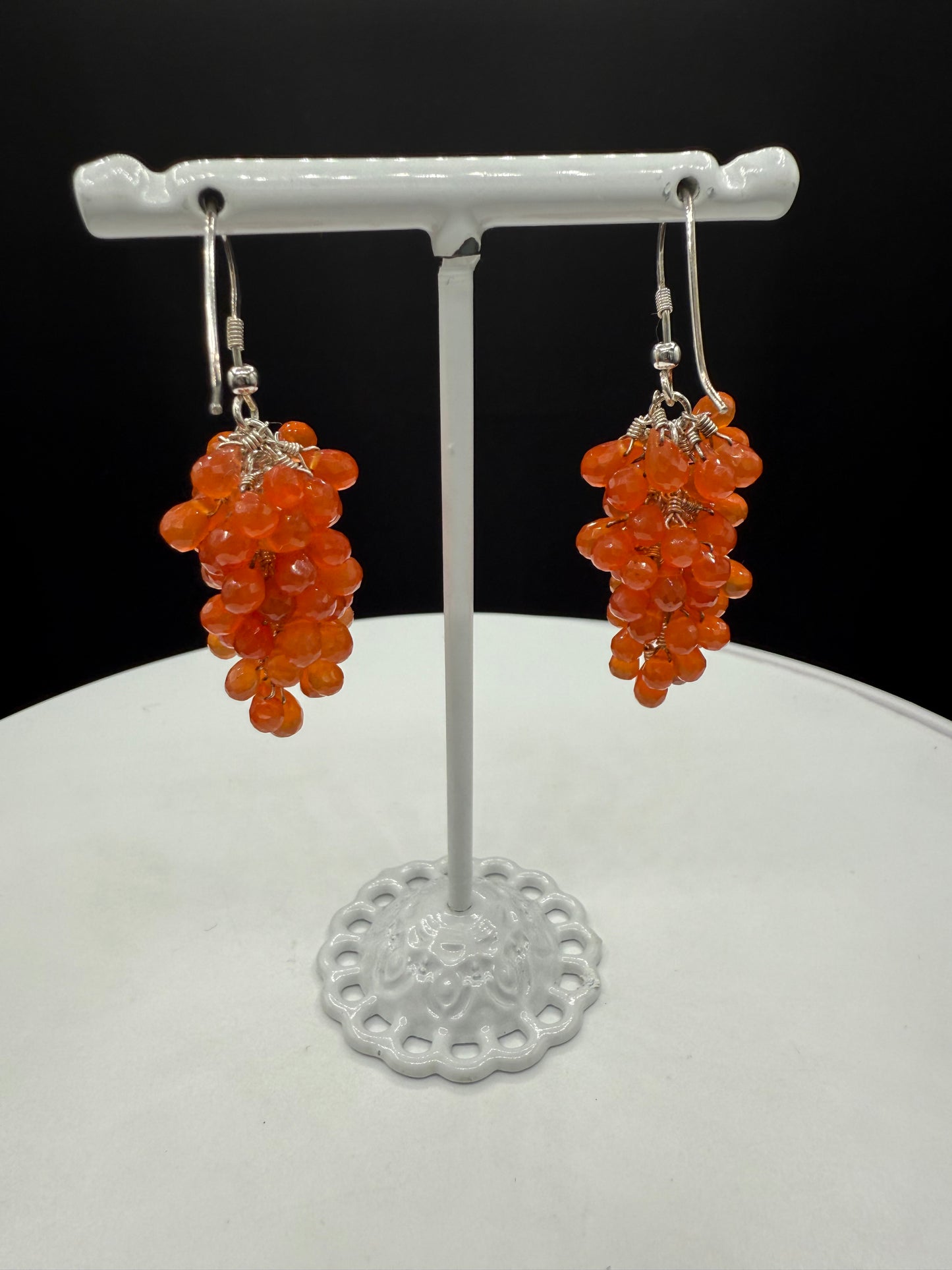 Natural Carnelian Briolette Sterling Silver Grape Cluster Dangle Earrings