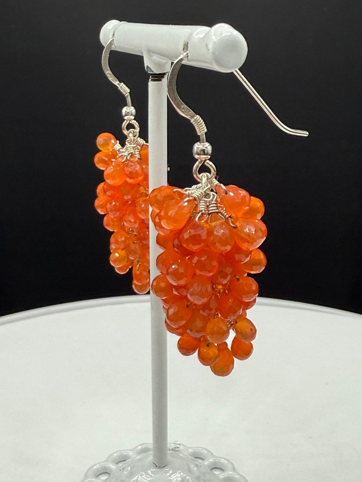 Natural Carnelian Briolette Sterling Silver Grape Cluster Dangle Earrings