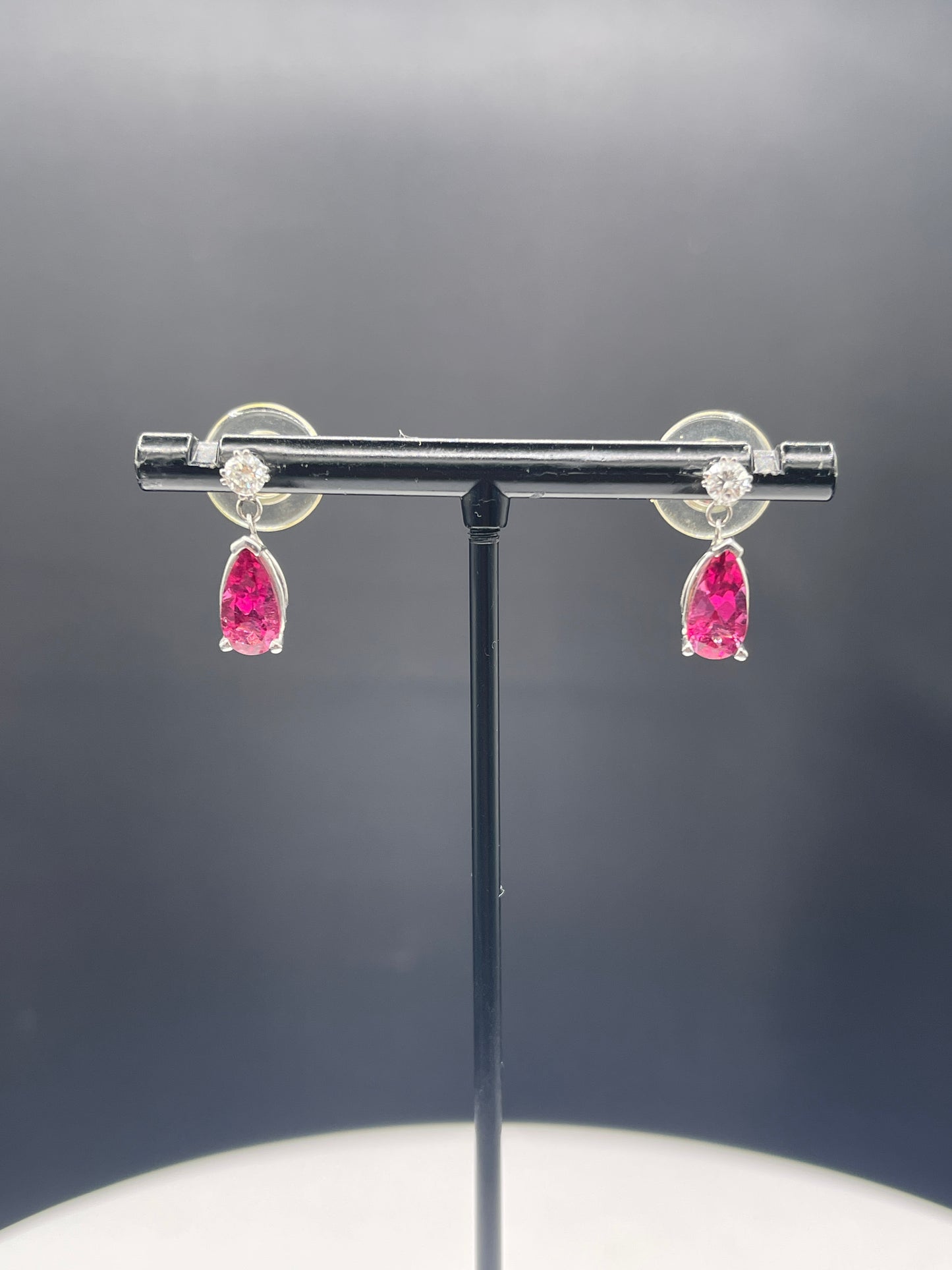 Natural Rubellite Tourmaline & Diamond 14k White Gold Dangle Earrings