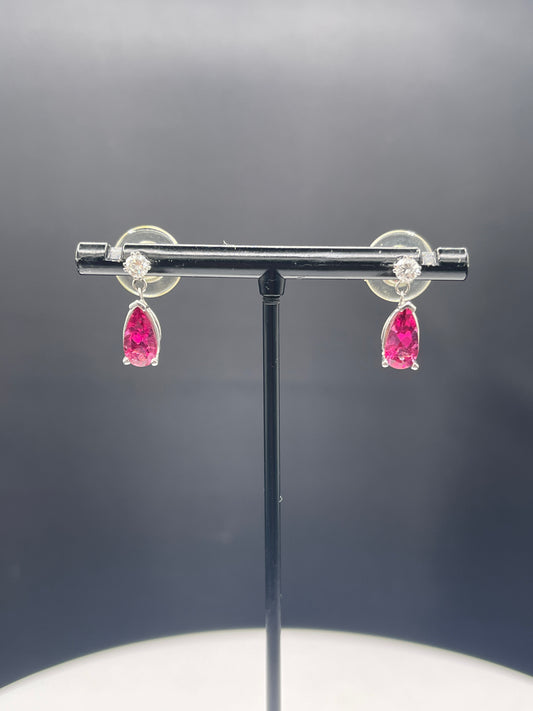 Natural Rubellite Tourmaline & Diamond 14k White Gold Dangle Earrings