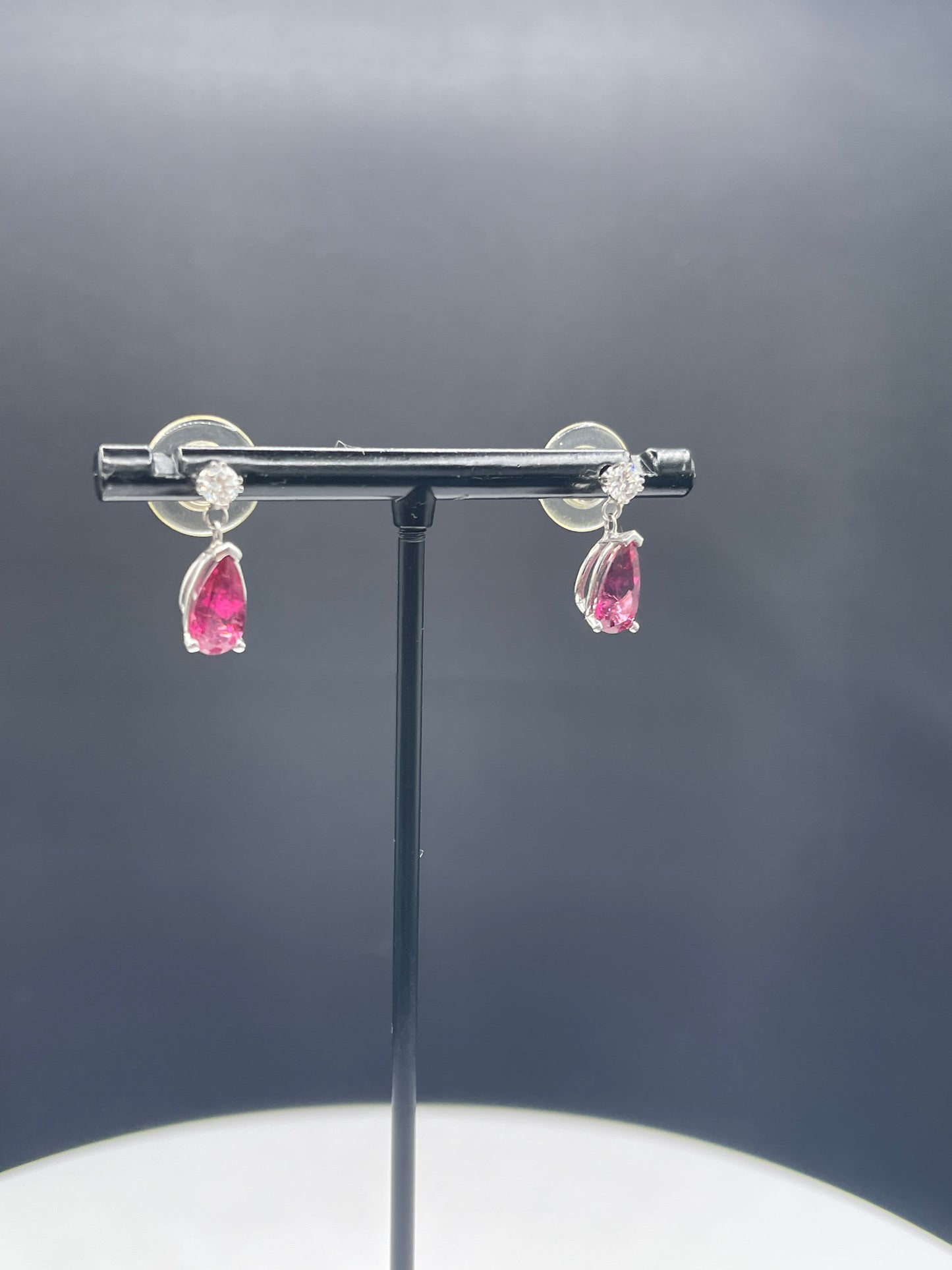 Natural Rubellite Tourmaline & Diamond 14k White Gold Dangle Earrings