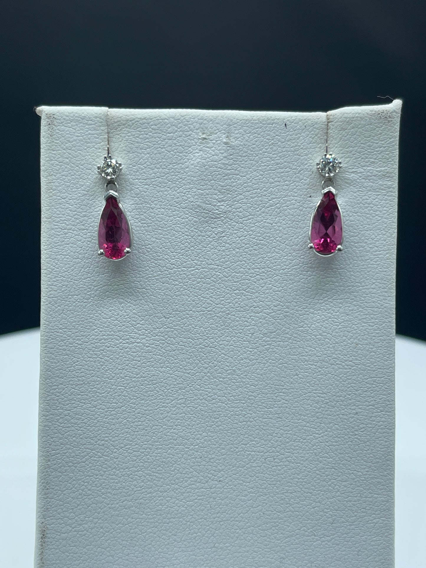 Natural Rubellite Tourmaline & Diamond 14k White Gold Dangle Earrings