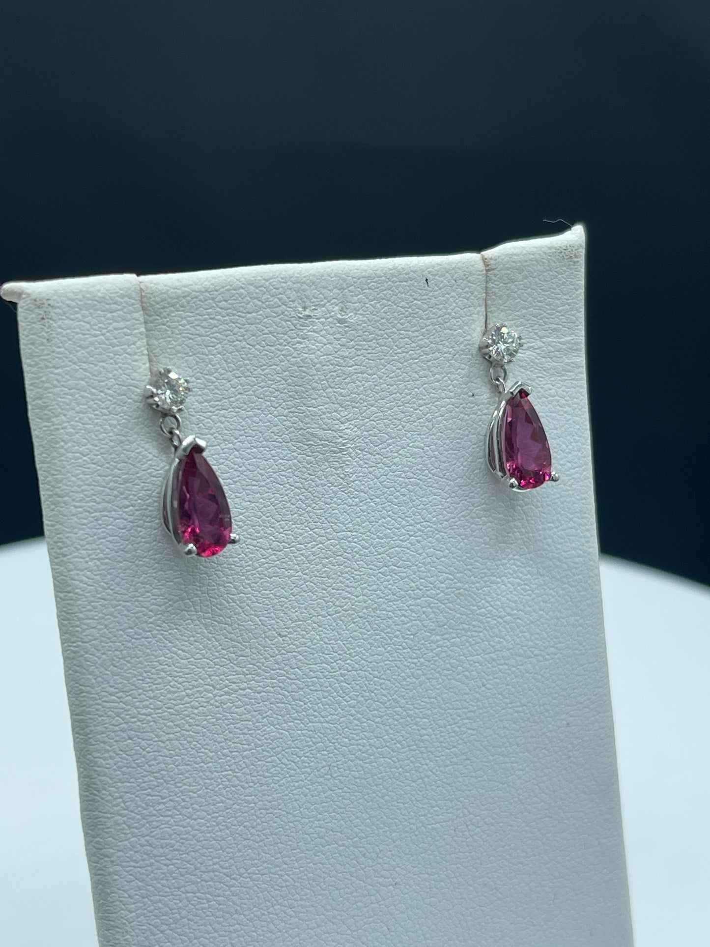 Natural Rubellite Tourmaline & Diamond 14k White Gold Dangle Earrings