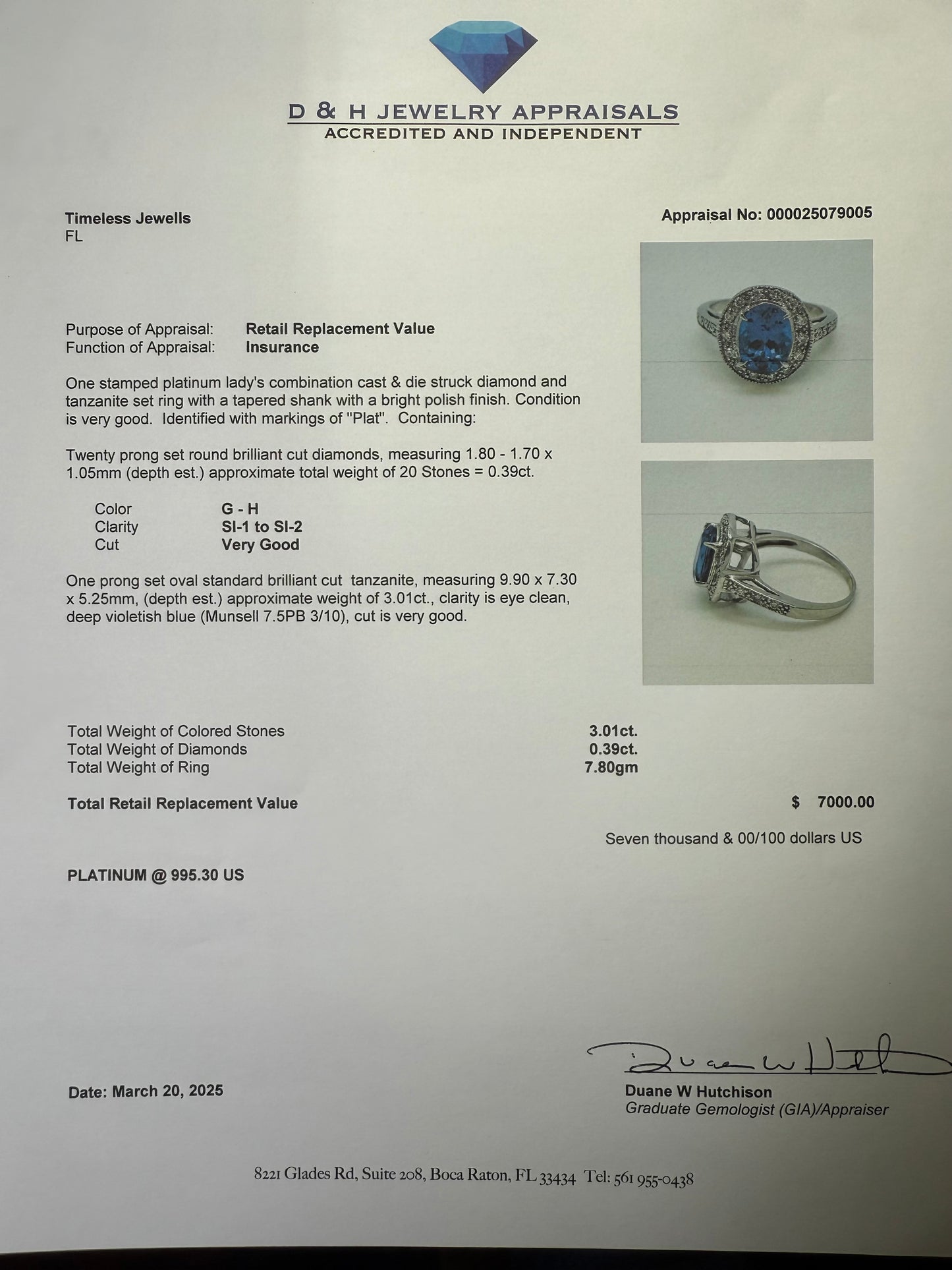 Natural 3.48 Carat Tanzanite & Diamond Platinum Ring – Size 7.5