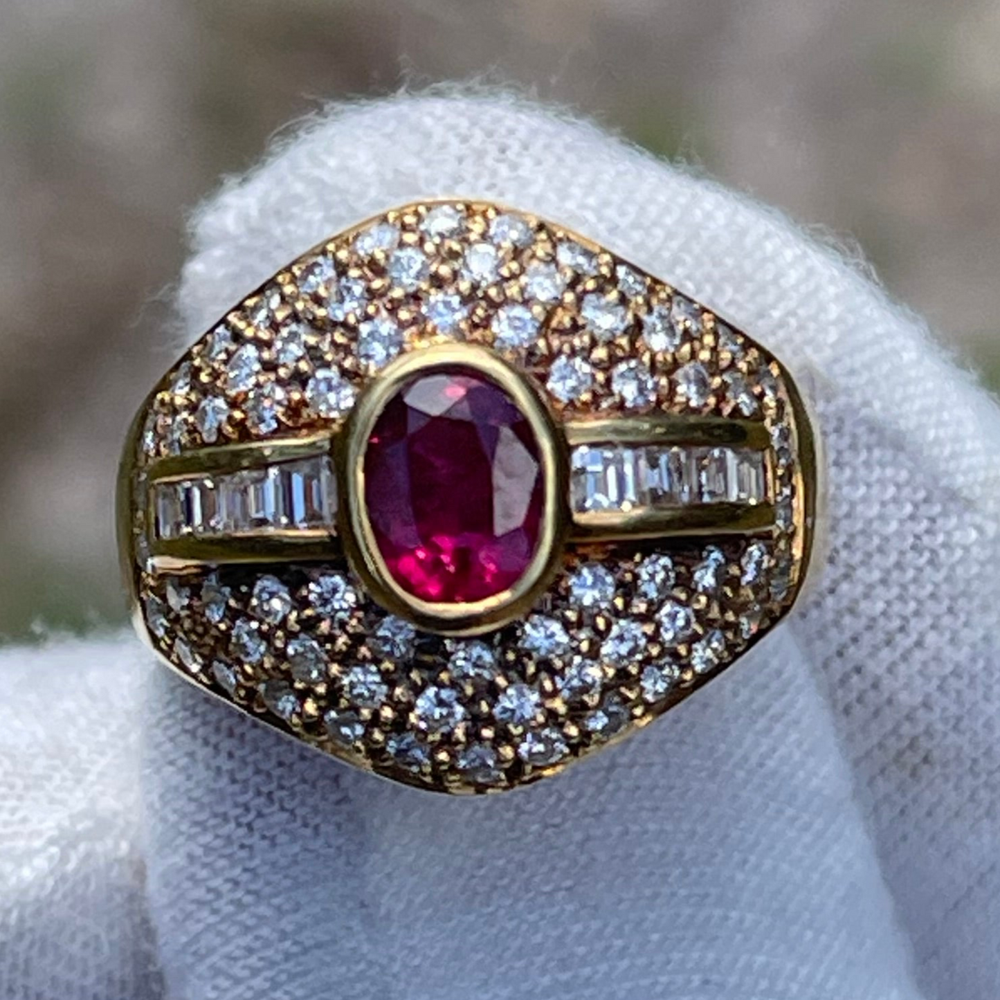 Natural Thai Ruby & Diamond 18k Yellow Gold Ring (Size 6.5)