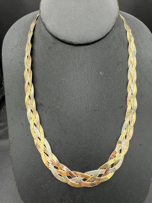 Vintage Solid Tri Color Sterling Silver Necklace 925 Italy Milor | 18.5” Handwoven Rose, Yellow & White Braided | 25.6g
