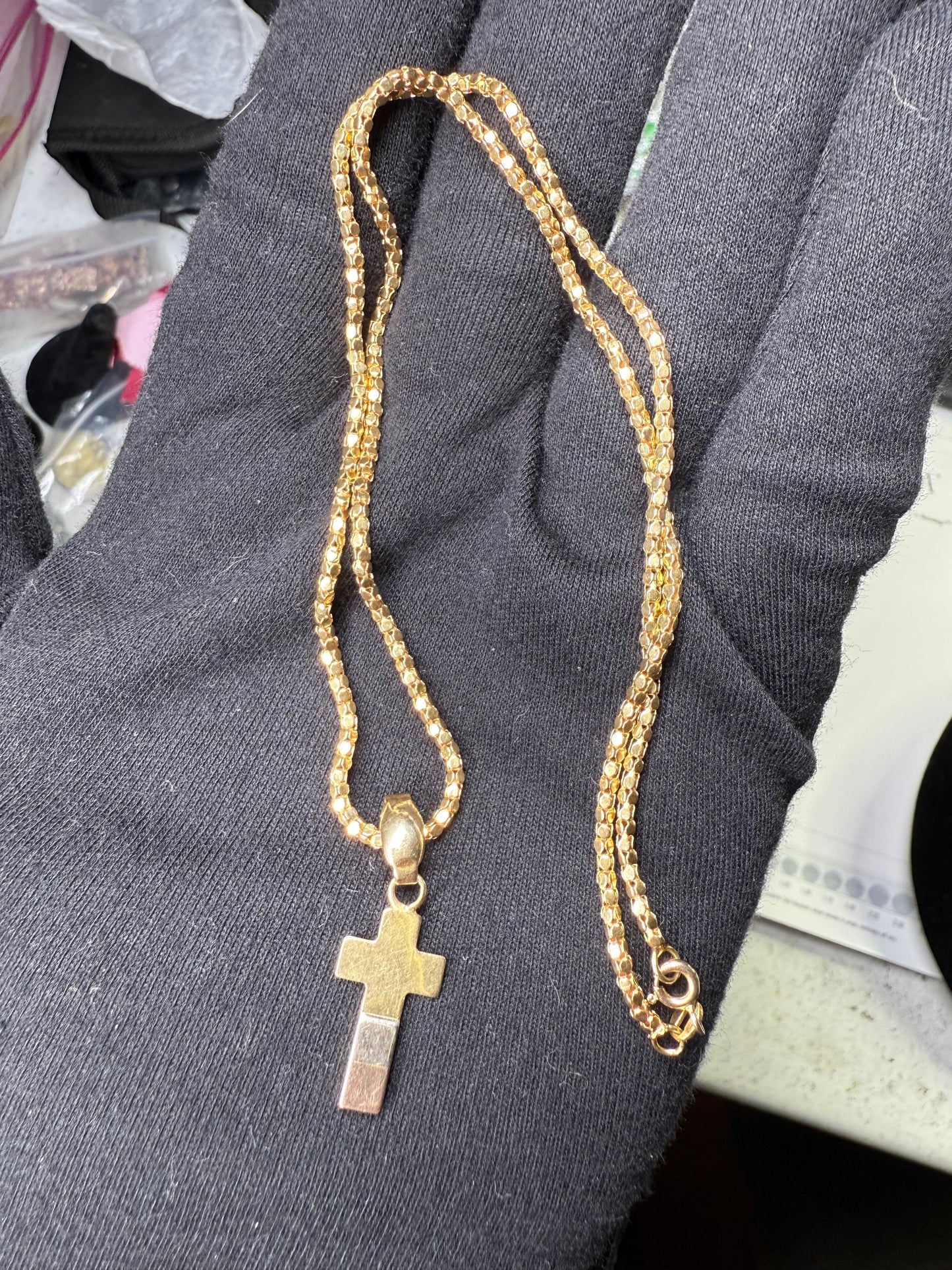 Solid 18k Tri-Color Gold Cross Pendant & Chain | 8.5g | 19” Unisex Necklace