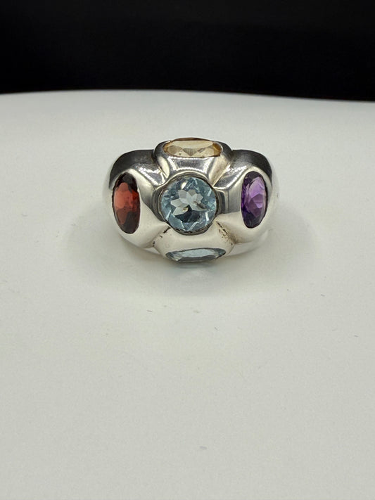 Vintage Handmade Blue Topaz Garnet Citrine Amethyst Ring | 925 Sterling Silver | Size 9.75