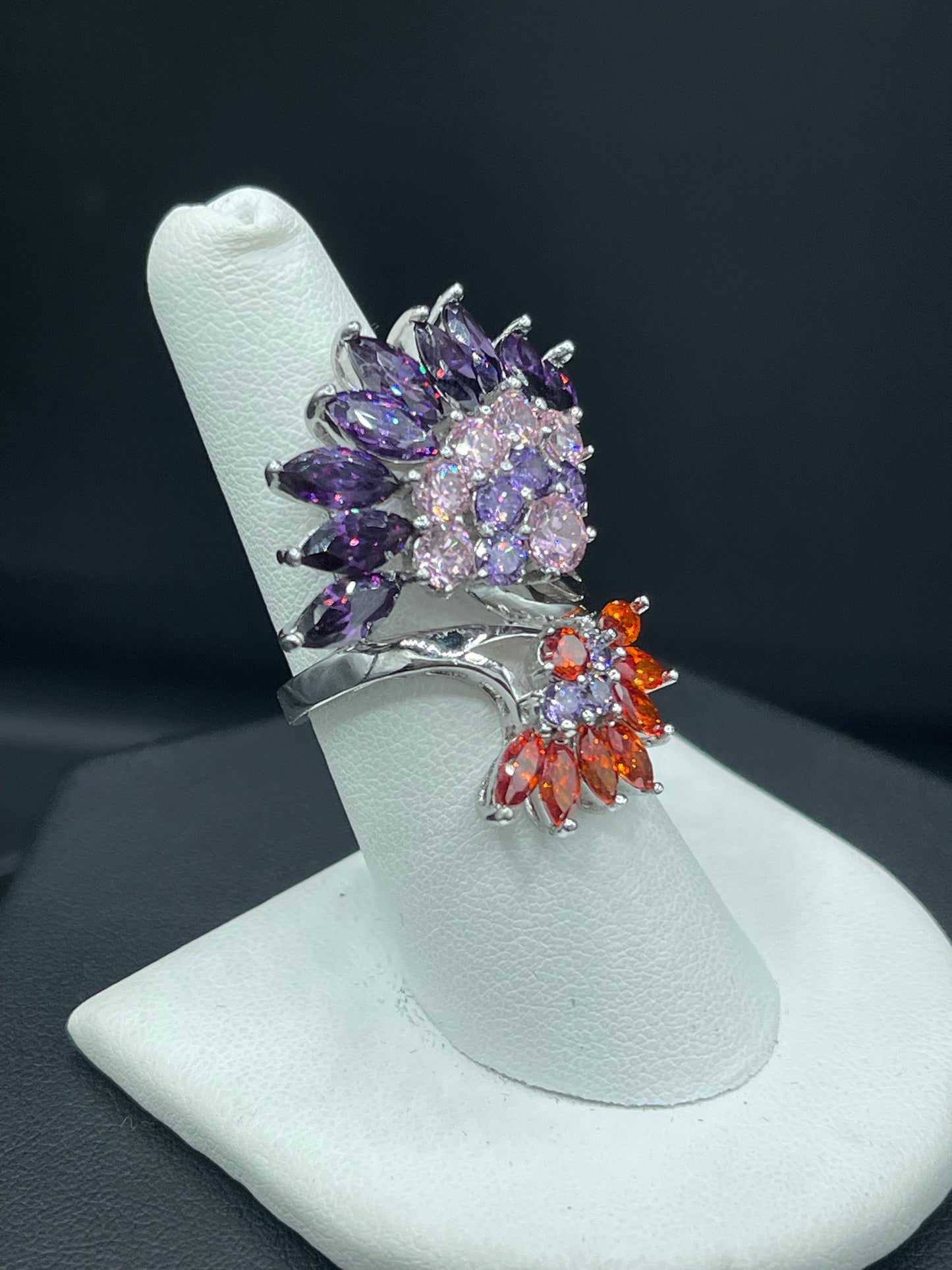 Peacock Feathered Cubic Zirconia Sterling Silver Glam Ring (Size 7)