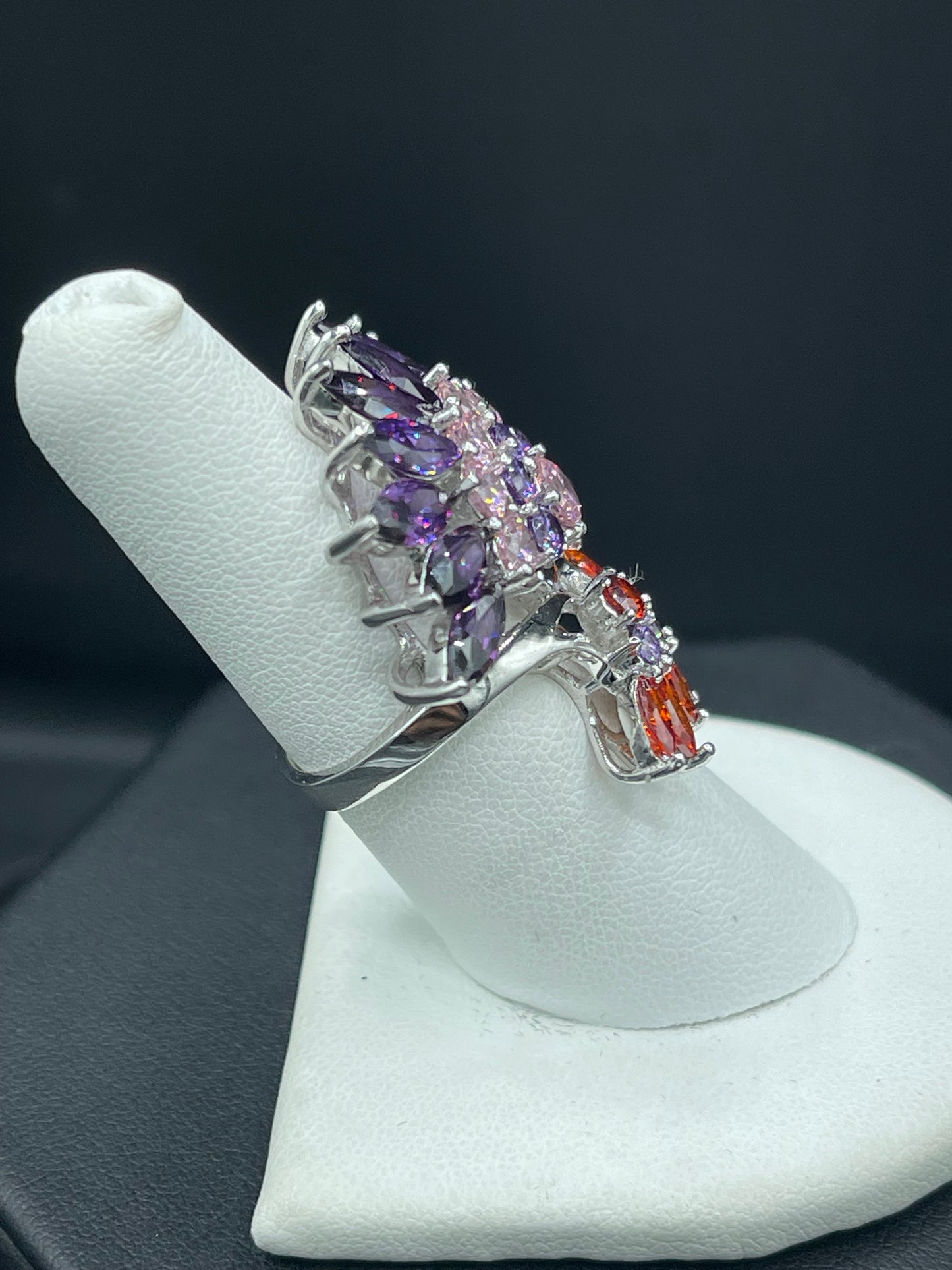 Peacock Feathered Cubic Zirconia Sterling Silver Glam Ring (Size 7)