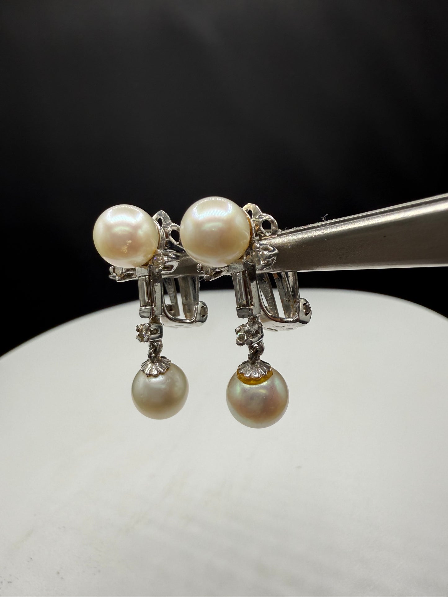 Antique 14k White Gold Cultured Pearl & Diamond Dangle Earrings