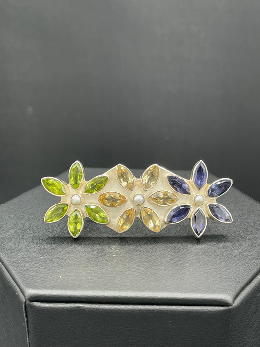 Peridot Citrine Iolite & Pearl Sterling Silver Flower Brooch / Pendant