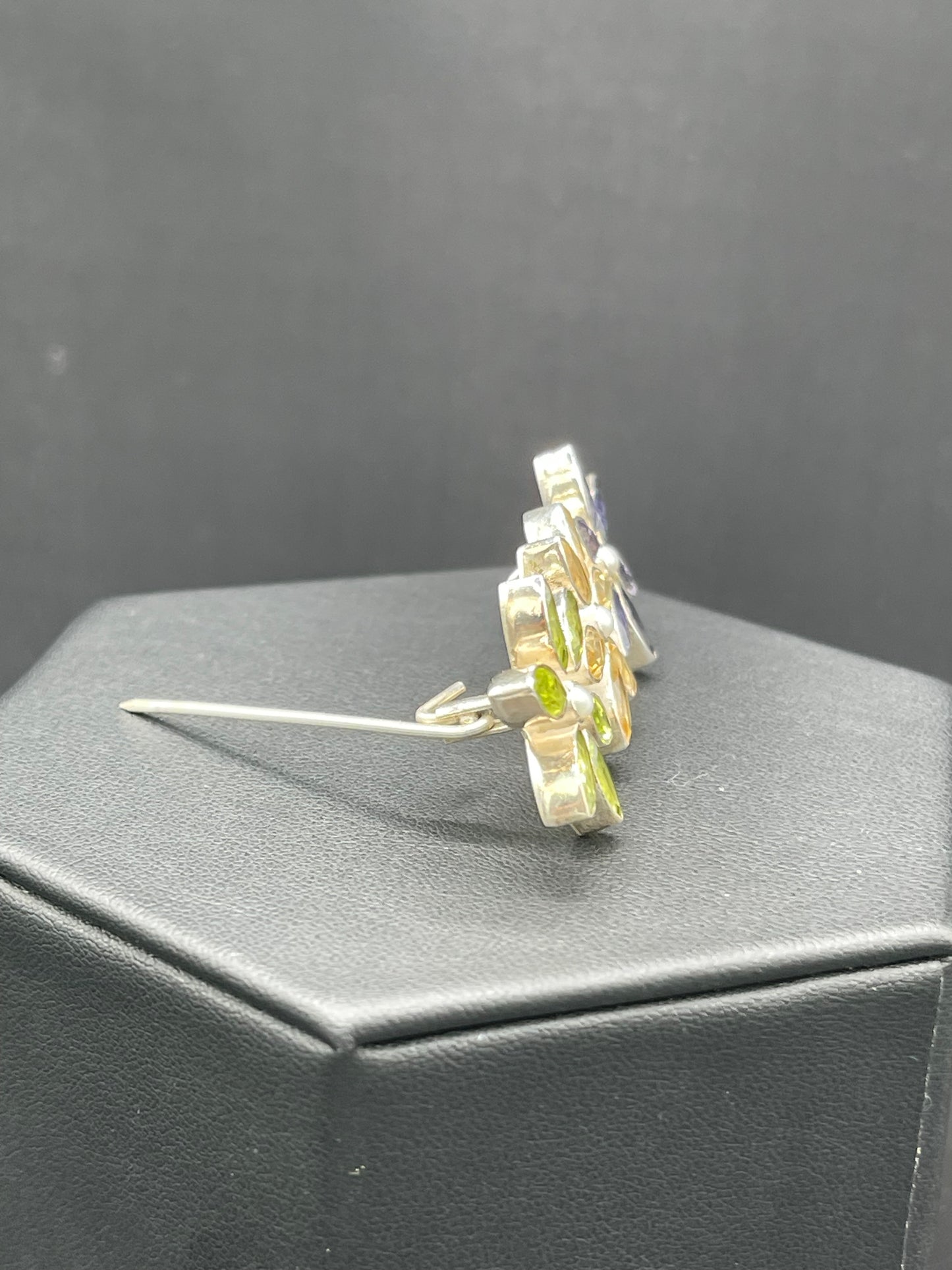Peridot Citrine Iolite & Pearl Sterling Silver Flower Brooch / Pendant
