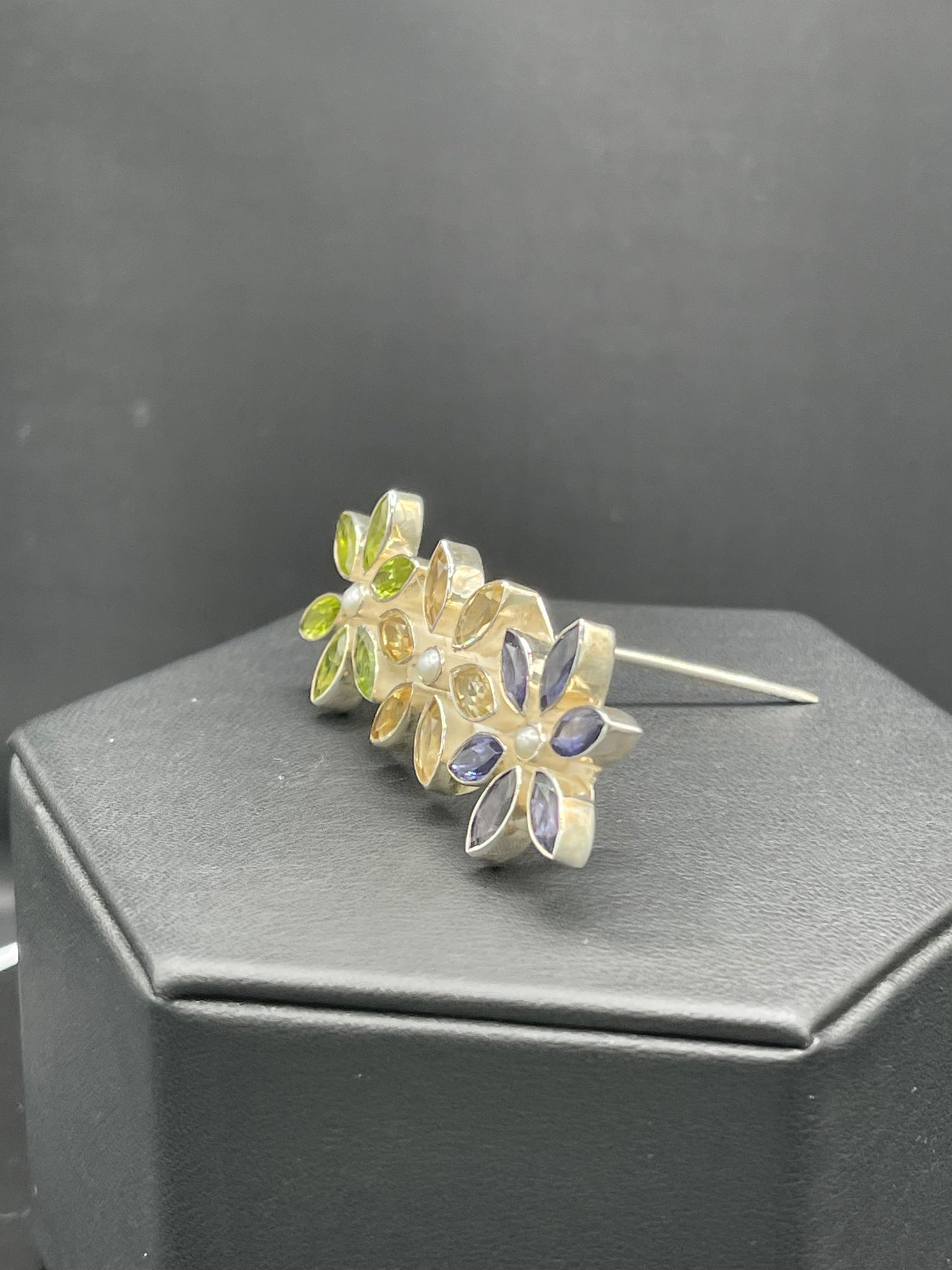 Peridot Citrine Iolite & Pearl Sterling Silver Flower Brooch / Pendant