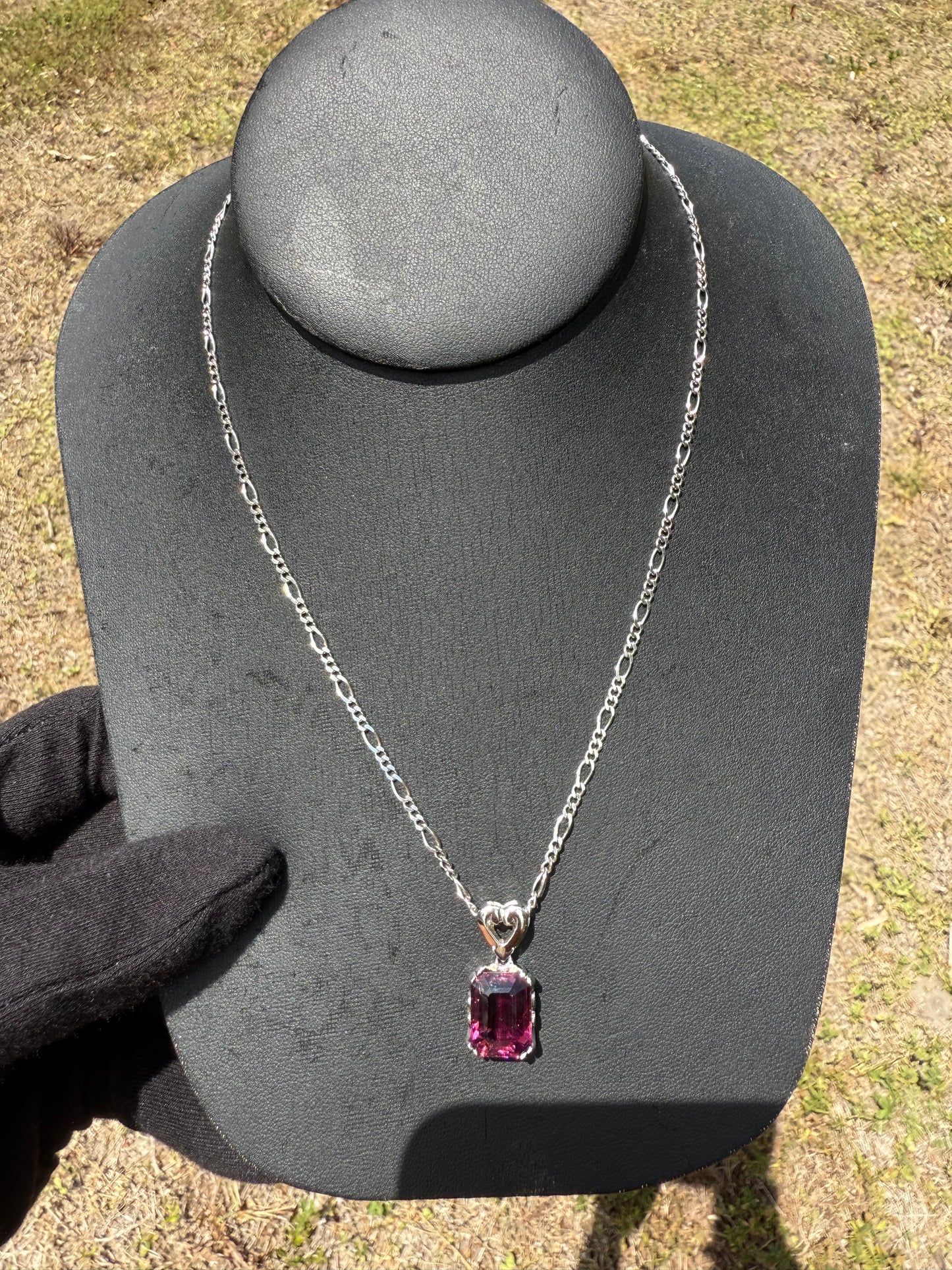 Natural Rubellite Tourmaline Pendant Necklace | 9 ct Emerald Cut Gem | 14k White Gold | Figaro Diamond Cut Chain 18”