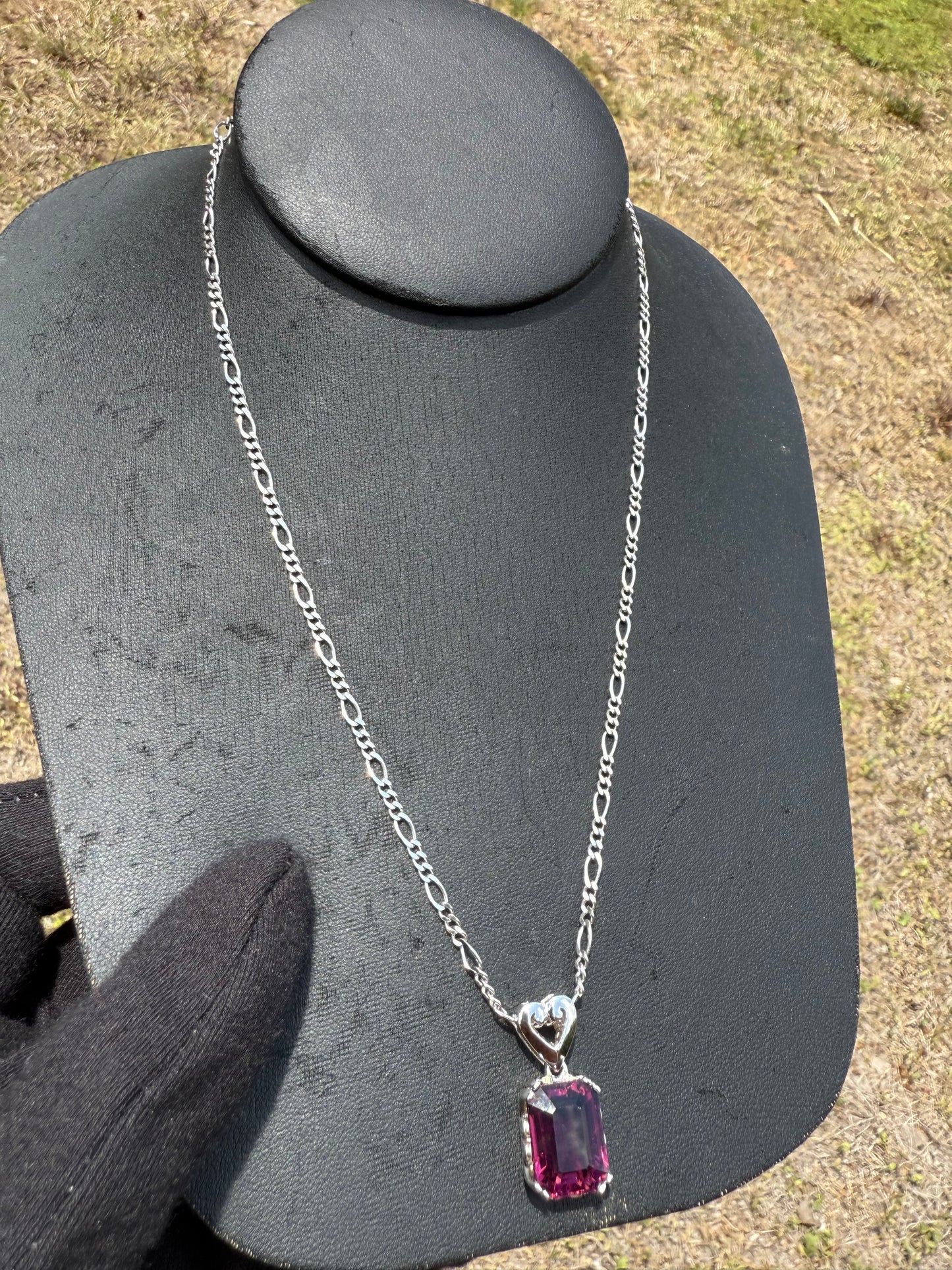 Natural Rubellite Tourmaline Pendant Necklace | 9 ct Emerald Cut Gem | 14k White Gold | Figaro Diamond Cut Chain 18”