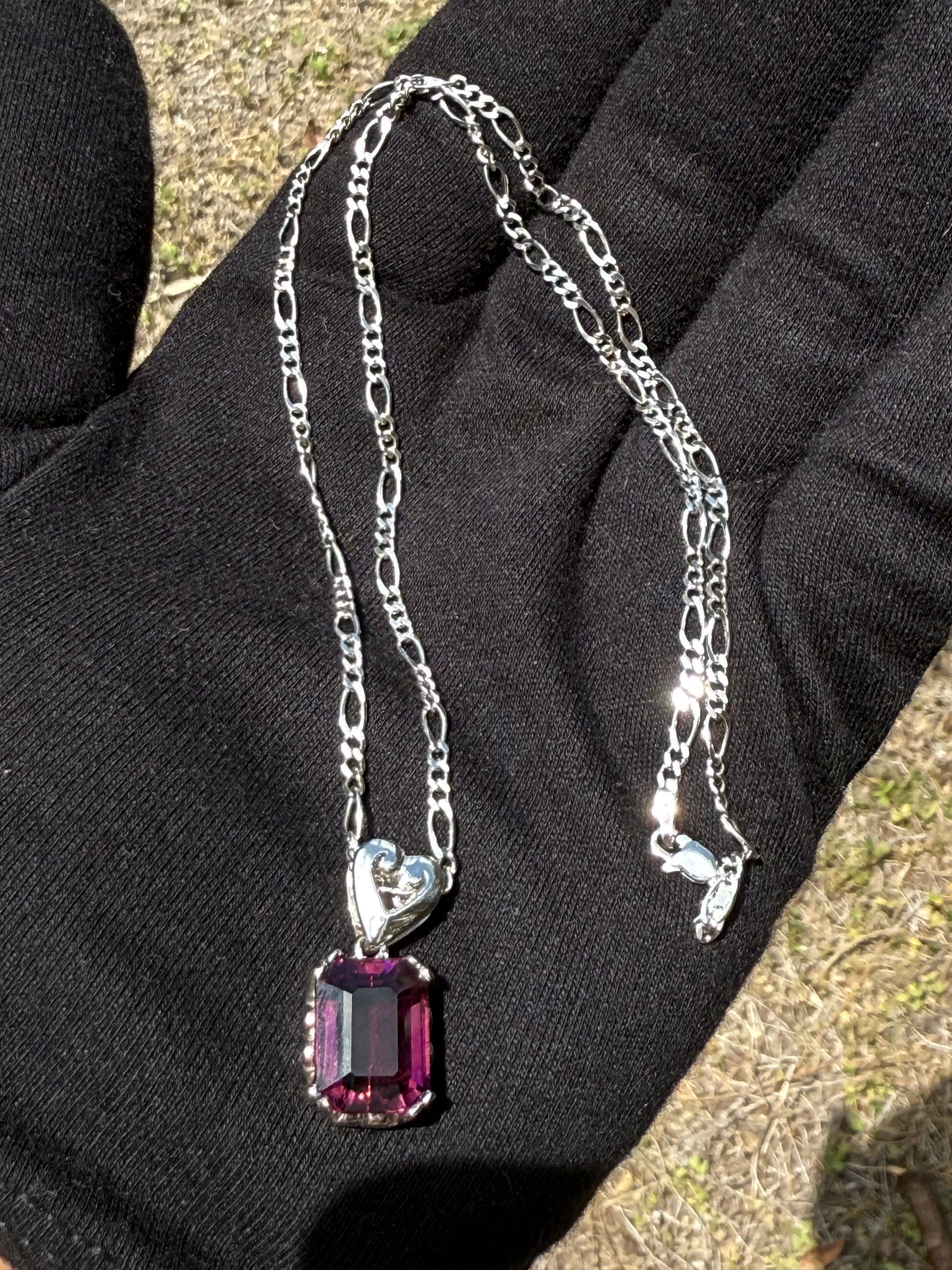 Natural Rubellite Tourmaline Pendant Necklace | 9 ct Emerald Cut Gem | 14k White Gold | Figaro Diamond Cut Chain 18”