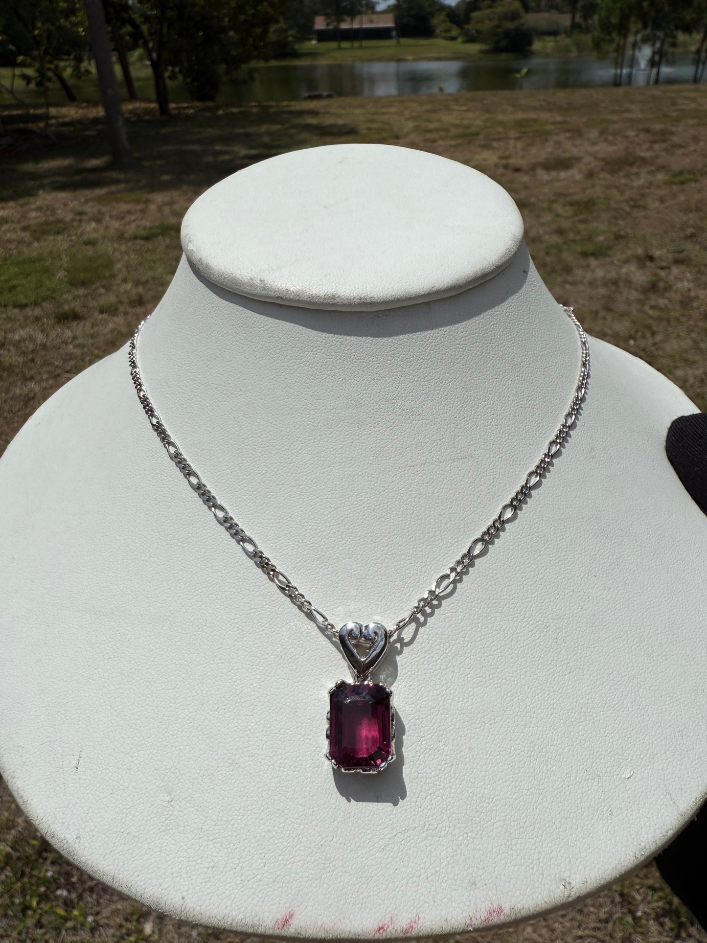 Natural Rubellite Tourmaline Pendant Necklace | 9 ct Emerald Cut Gem | 14k White Gold | Figaro Diamond Cut Chain 18”