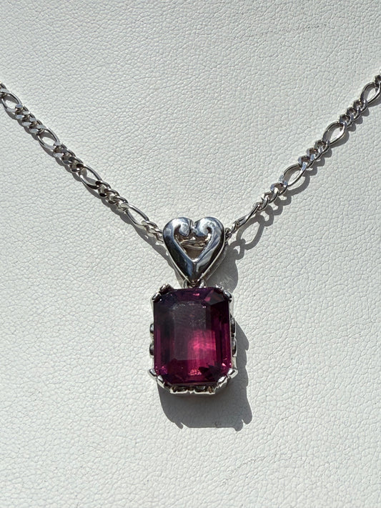 Natural Rubellite Tourmaline Pendant Necklace | 9 ct Emerald Cut Gem | 14k White Gold | Figaro Diamond Cut Chain 18”