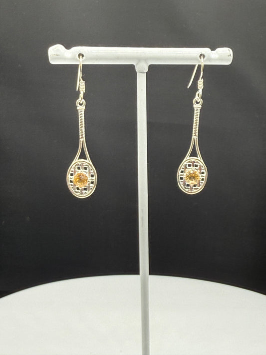 Handmade Sterling Silver Tennis Racket Earrings with Natural Citrine | 925 Stamped | 1.88 Inches