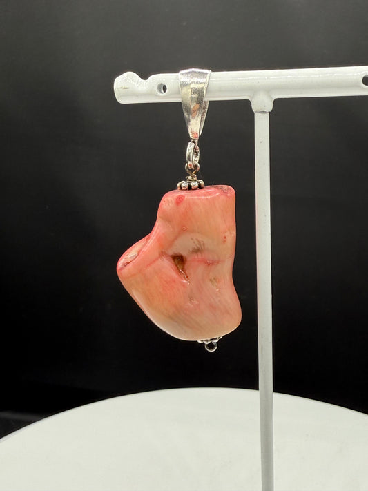 Natural Coral Sterling Silver Dangle Pendant - 2.44 Inches