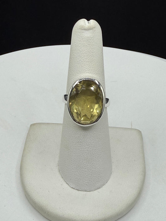 Natural Lemon Citrine Checkerboard Cut Sterling Silver Bezel Set Handmade Ring | Size 7