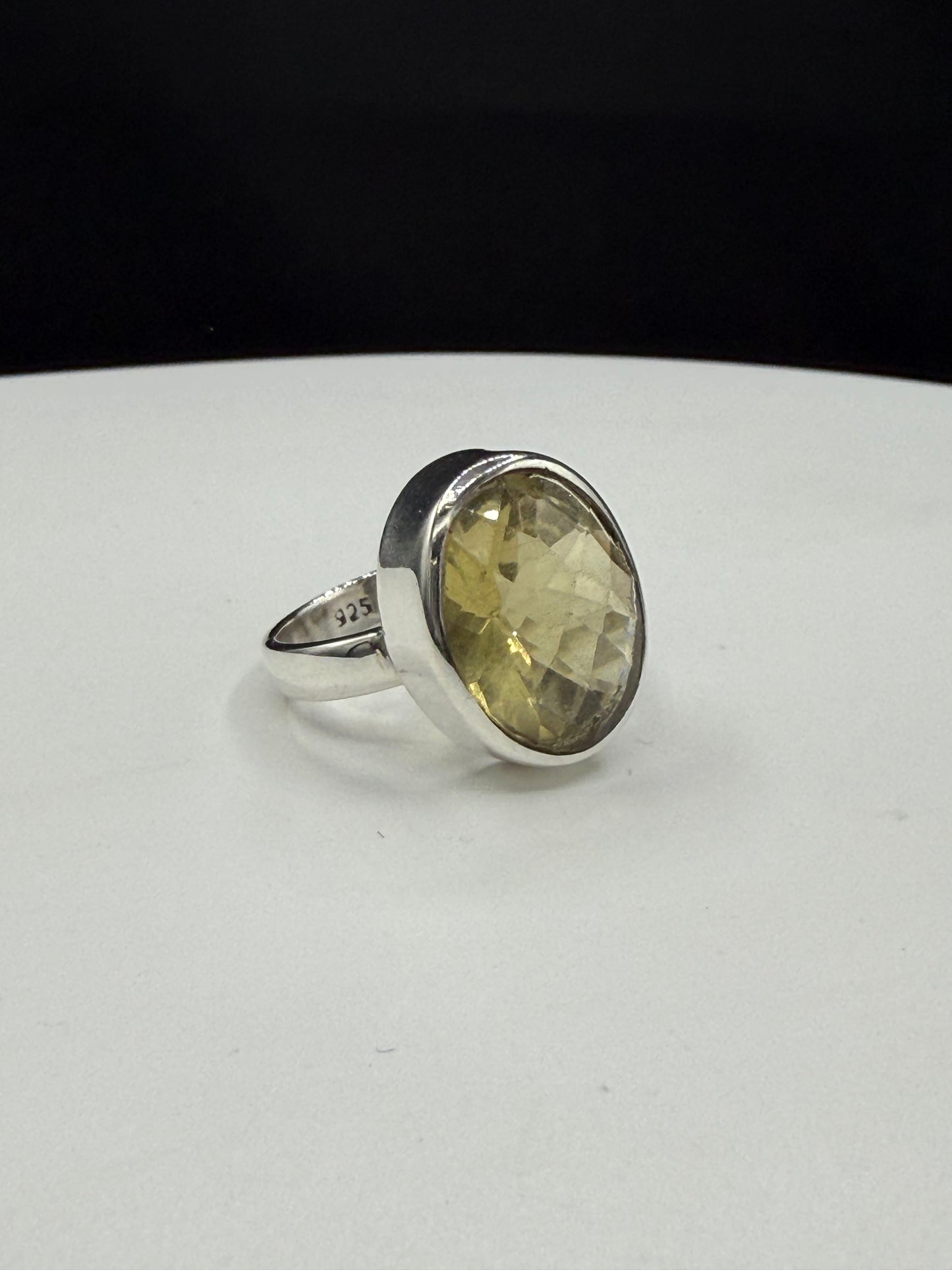 Natural Lemon Citrine Checkerboard Cut Sterling Silver Bezel Set Handmade Ring | Size 7