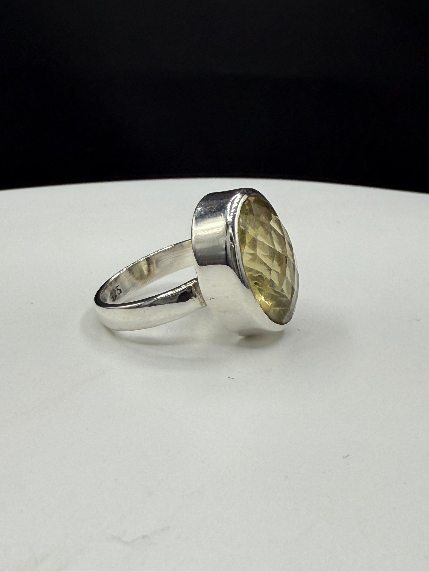 Natural Lemon Citrine Checkerboard Cut Sterling Silver Bezel Set Handmade Ring | Size 7