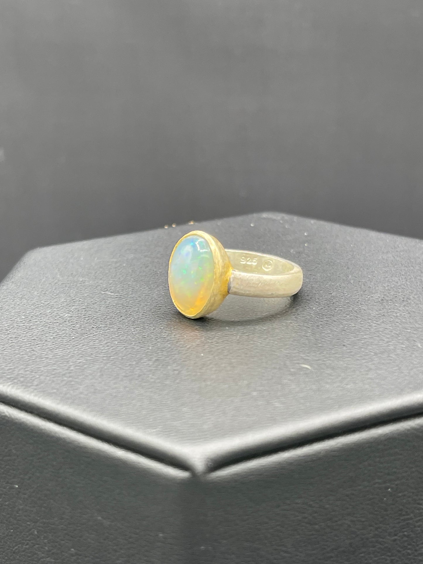 Natural Ethiopian Opal Oval Cut 18k Matte Finish Bezel Sterling Silver Ring (Size 8)