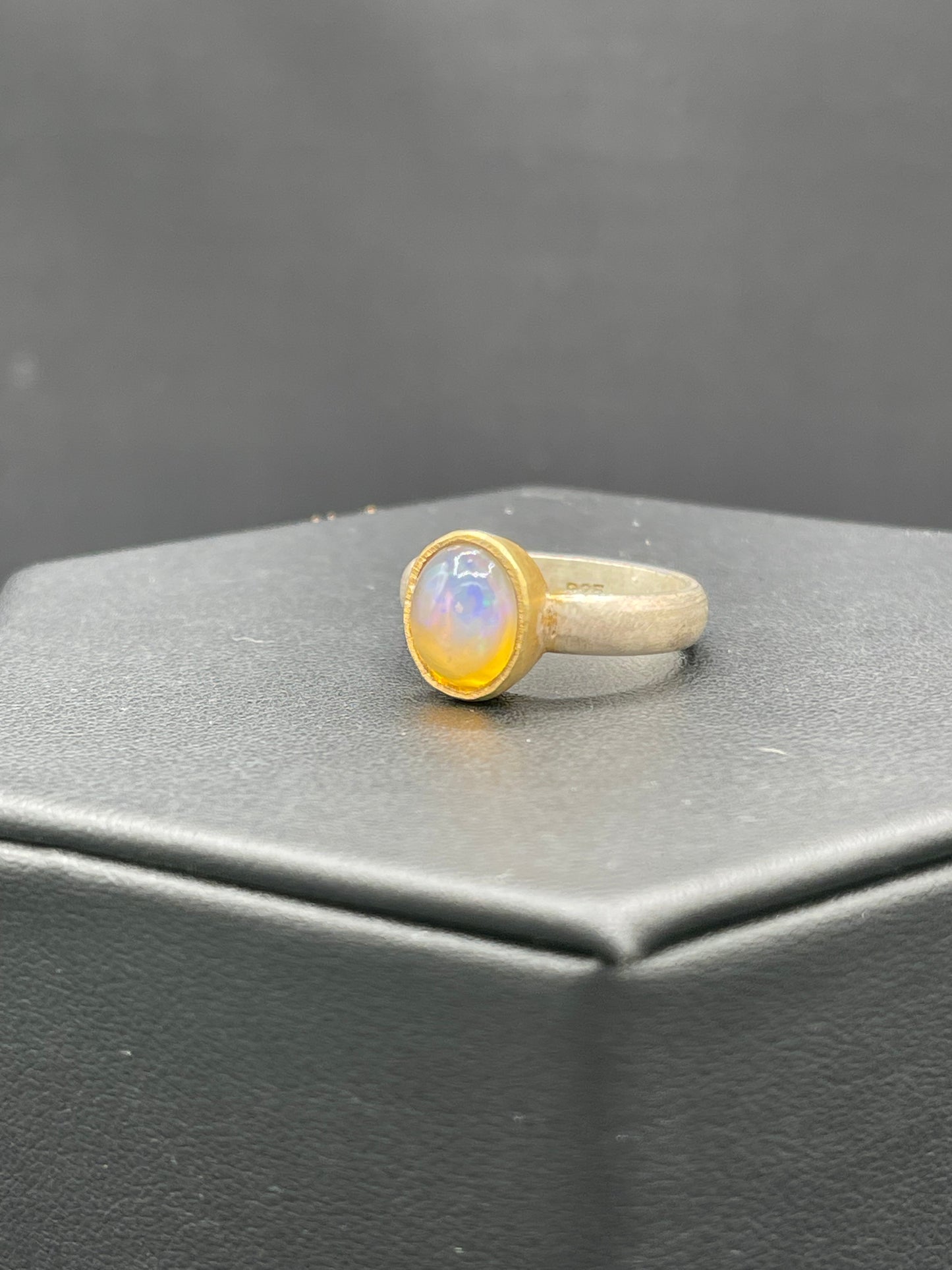 Natural Ethiopian Opal Oval Cut 18k Gold Matte Finish Sterling Silver Ring (Size 8)