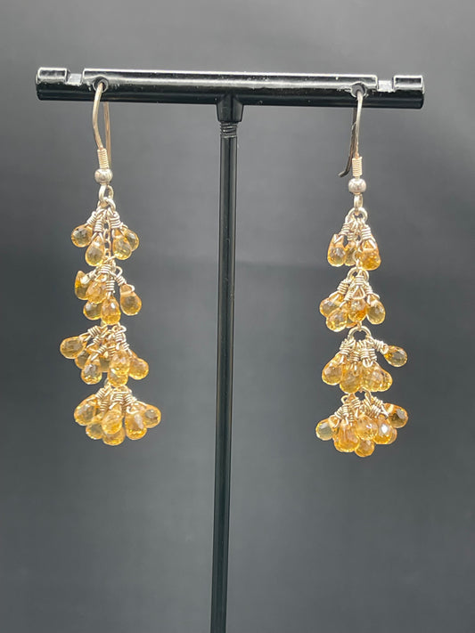 Natural Citrine Briolette Cut Sterling Silver Wire Wrapped Dangle Earrings