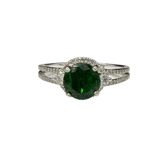 Natural Tsavorite Garnet & Diamond Ring in 14k White Gold, Size 7