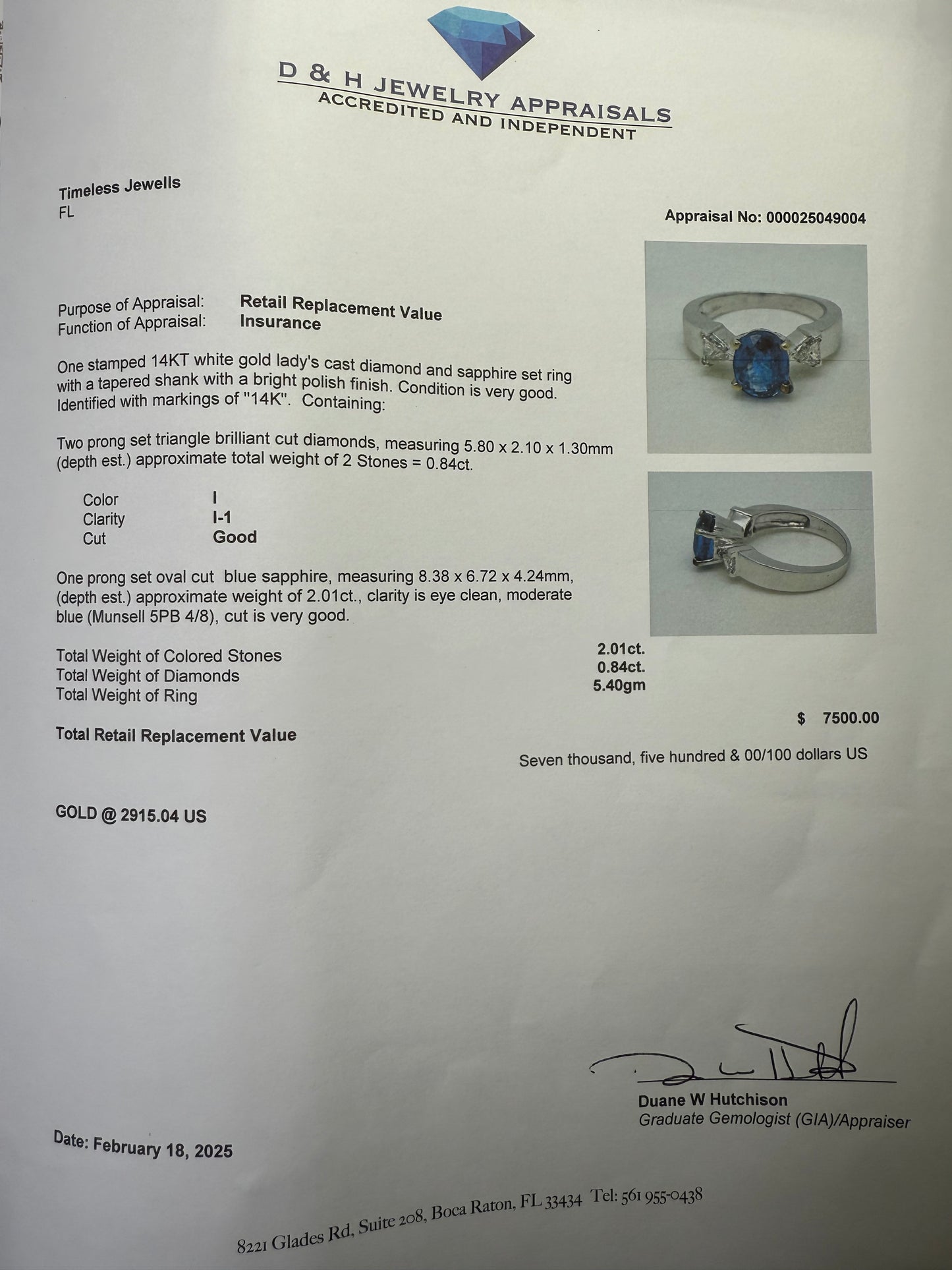 Natural Blue Sapphire & Diamond 14k White Gold Ring (Size 7)