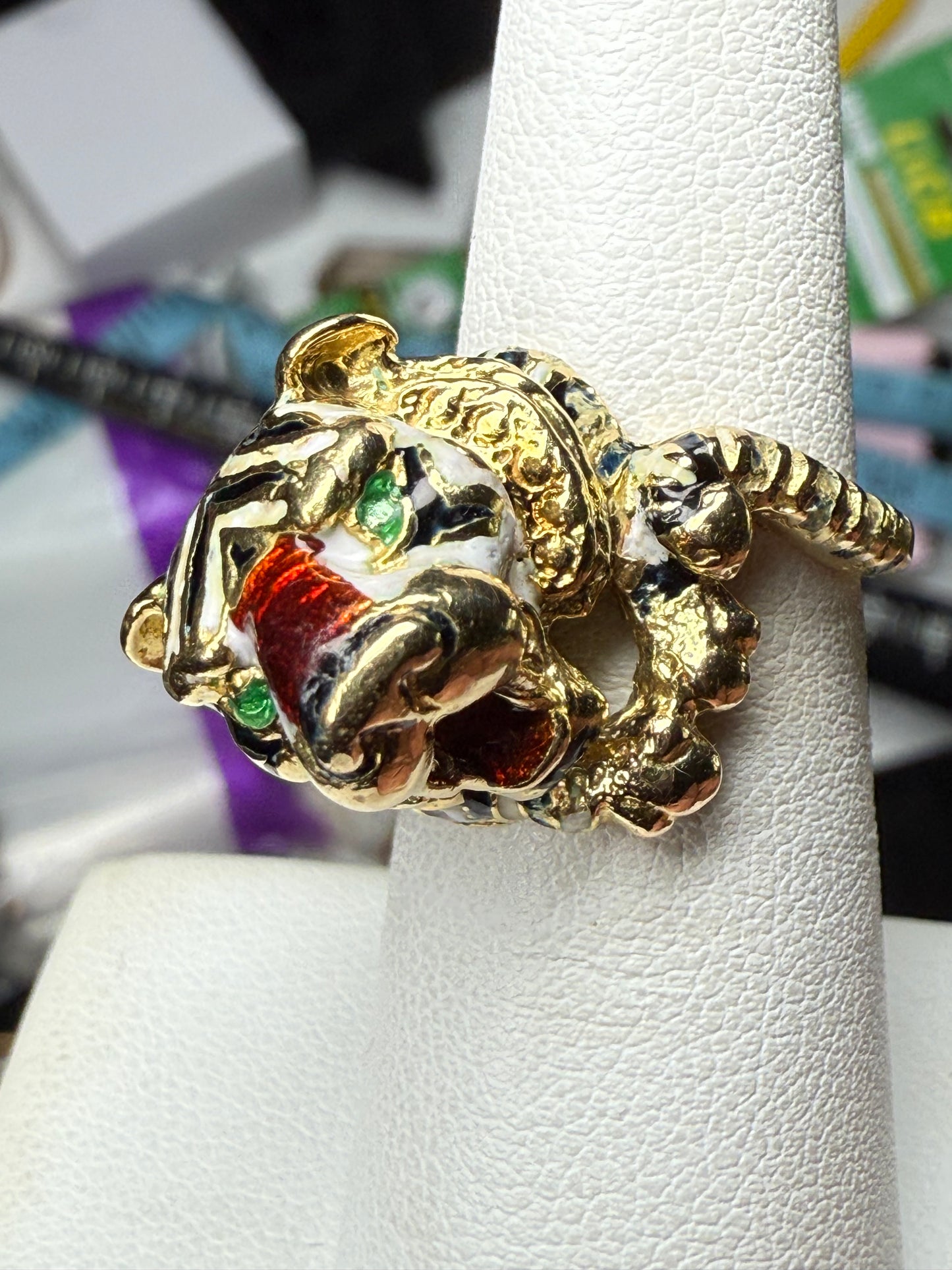 Vintage Hammerman Brothers 18K Gold Enamel Tiger Ring | Size 5