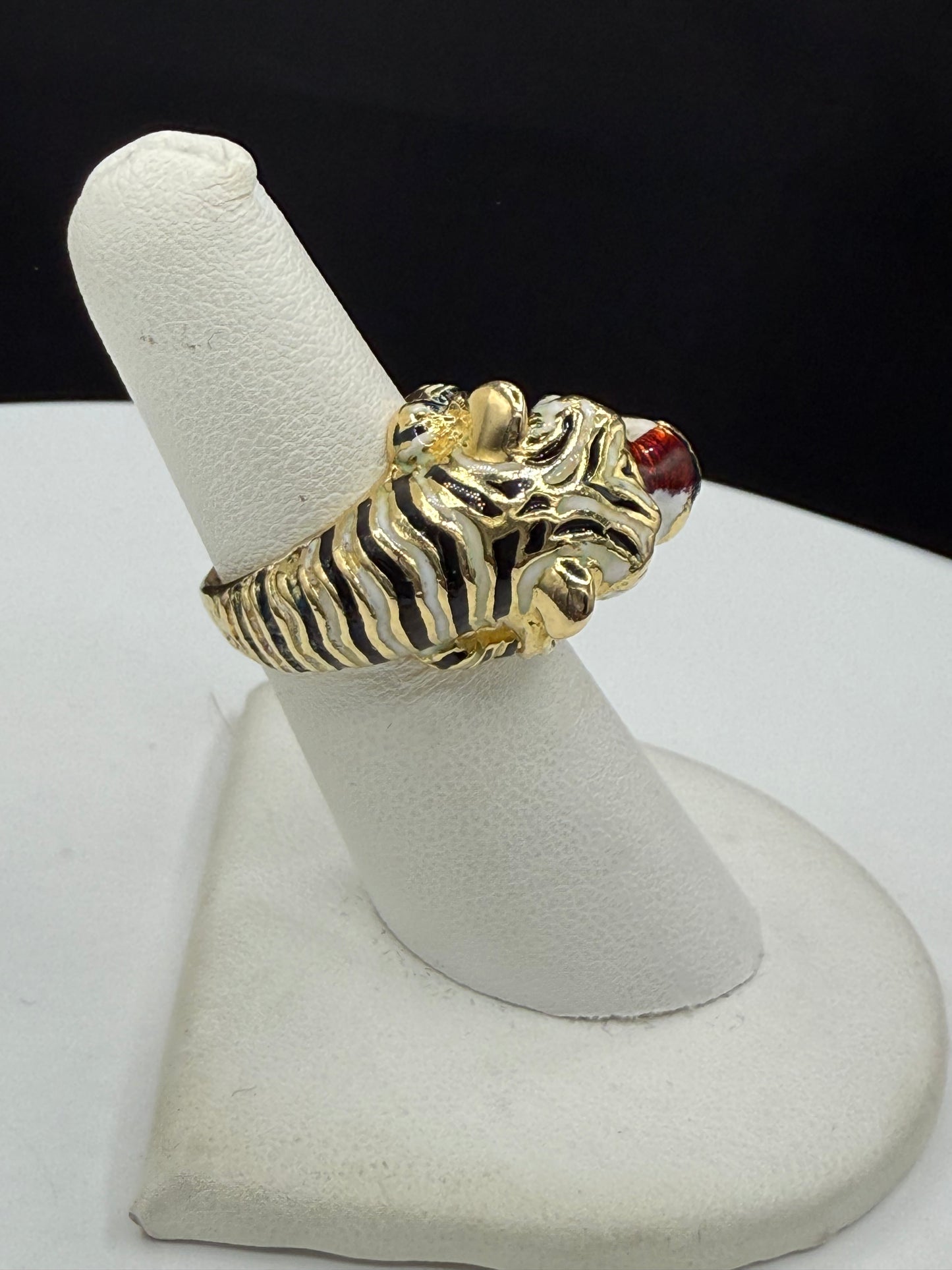 Vintage Hammerman Brothers 18K Gold Enamel Tiger Ring | Size 5