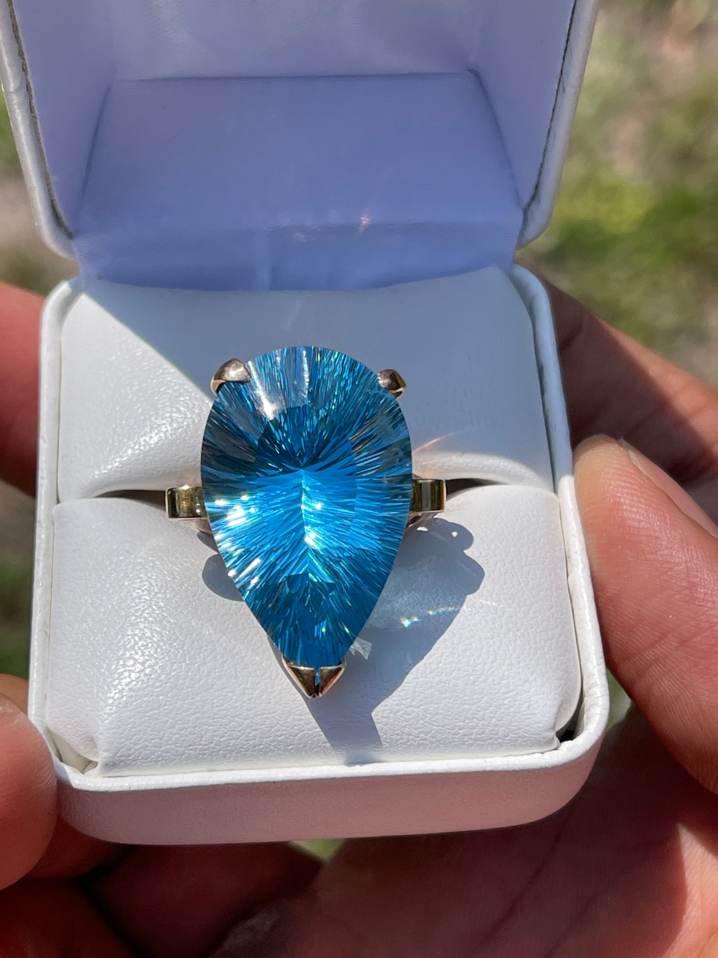 30.03 Carat Blue Topaz Custom Pear Cut 14k Yellow Gold Ring (Size 10)